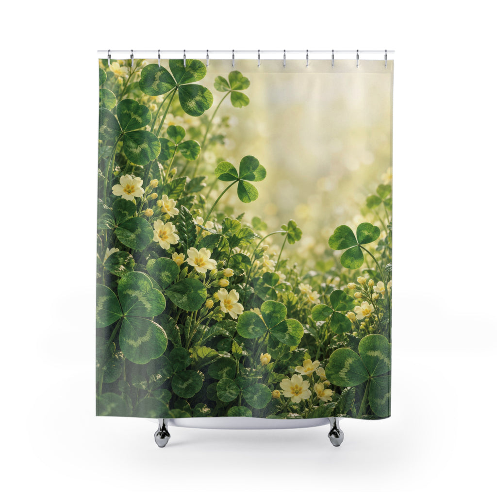 Green clover and pale yellow primrose meadow shower curtain with full front view