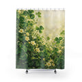 Green clover and pale yellow primrose meadow shower curtain with full front view