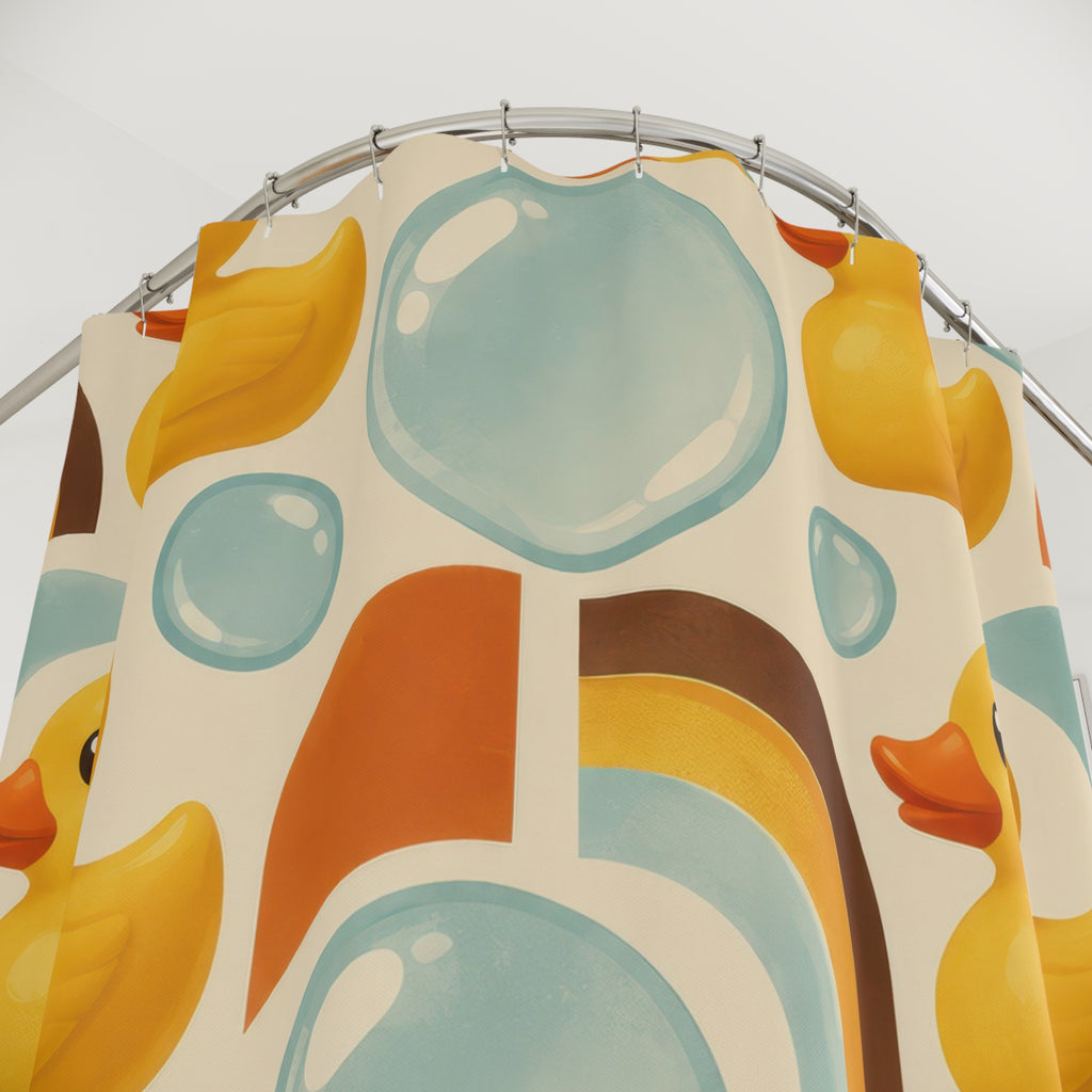 Rubber ducks with aqua bubbles and retro orange arches shower curtain with close-up print, hooks, and folds