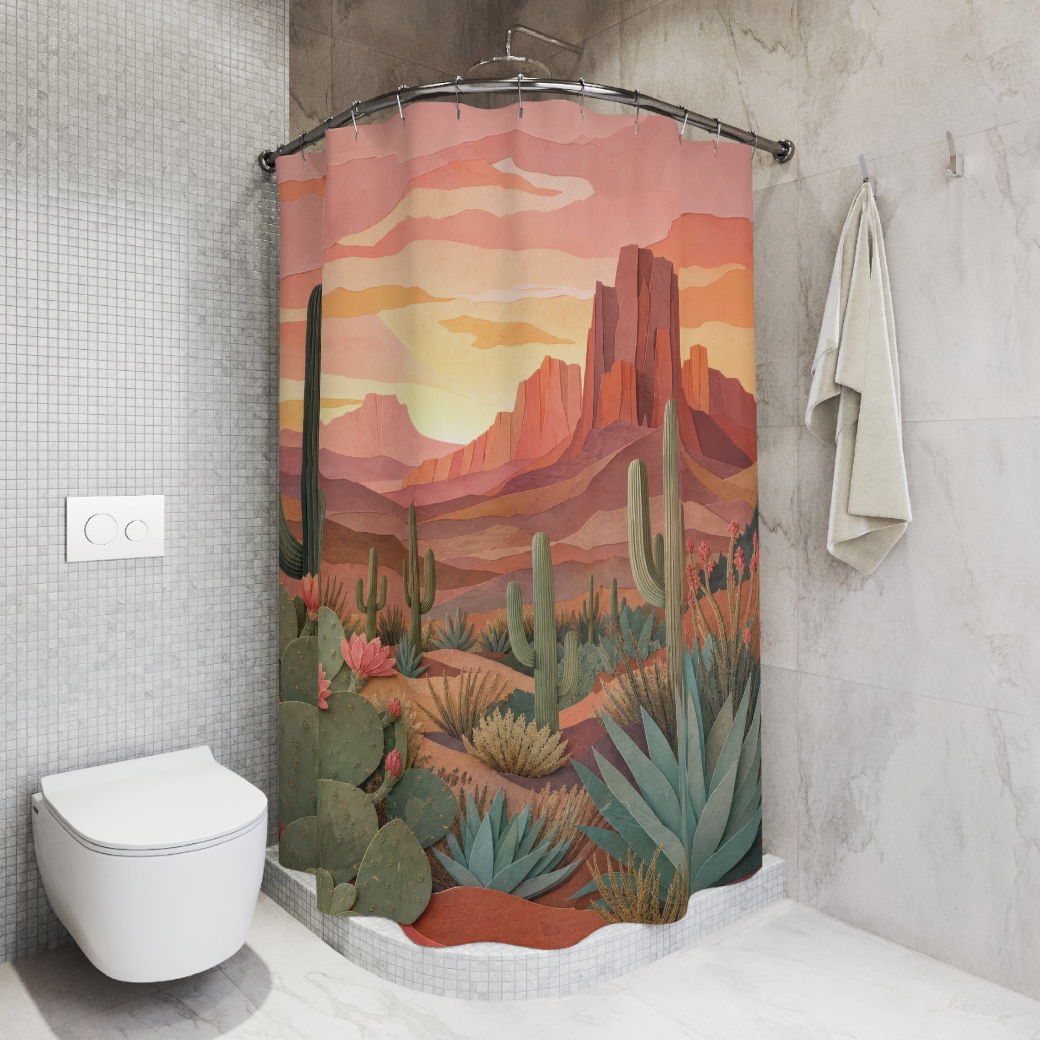 Boho Desert Cactus Shower Curtain – Terracotta Sunset