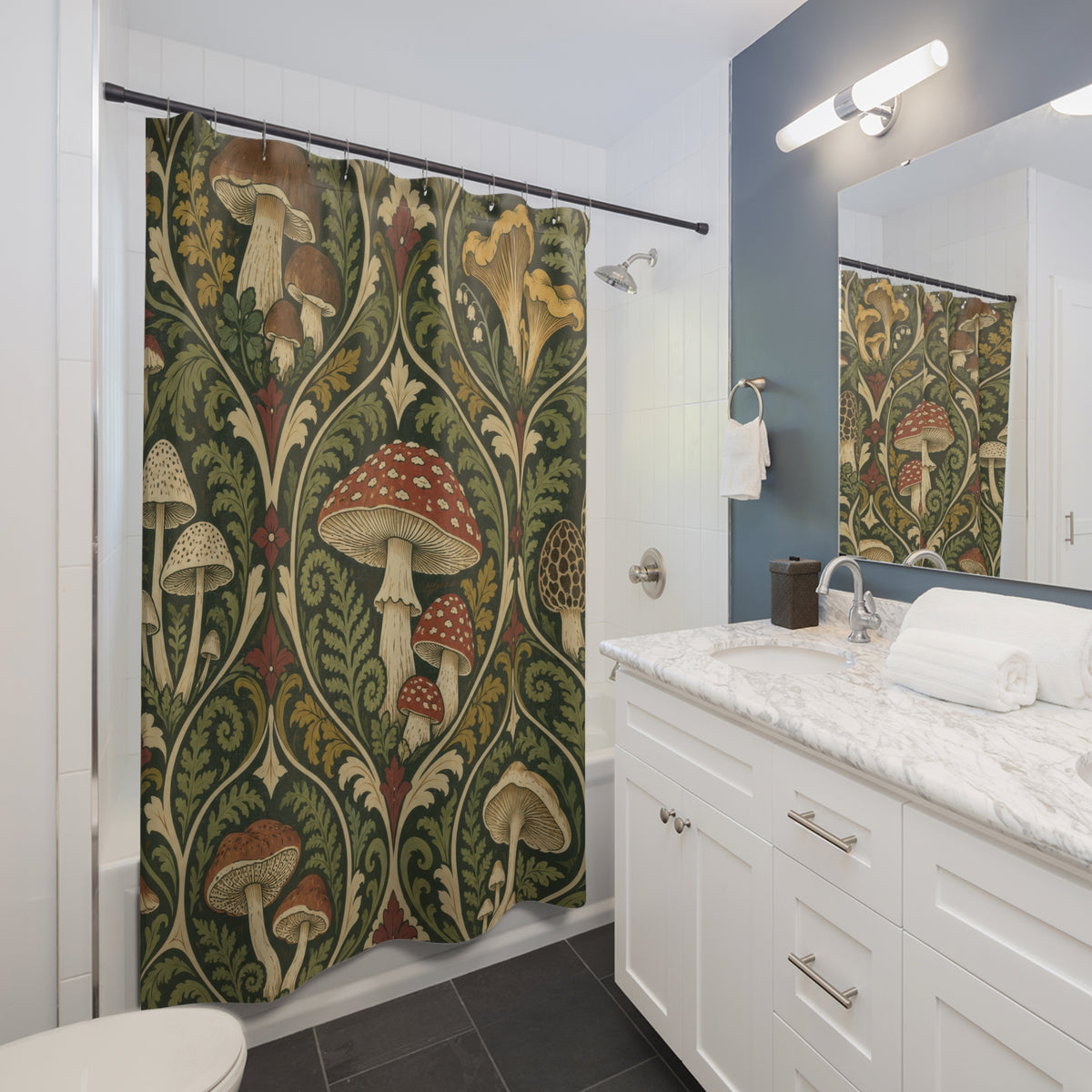 Vintage mushroom ornament in olive green and rust shower curtain beside a white vanity