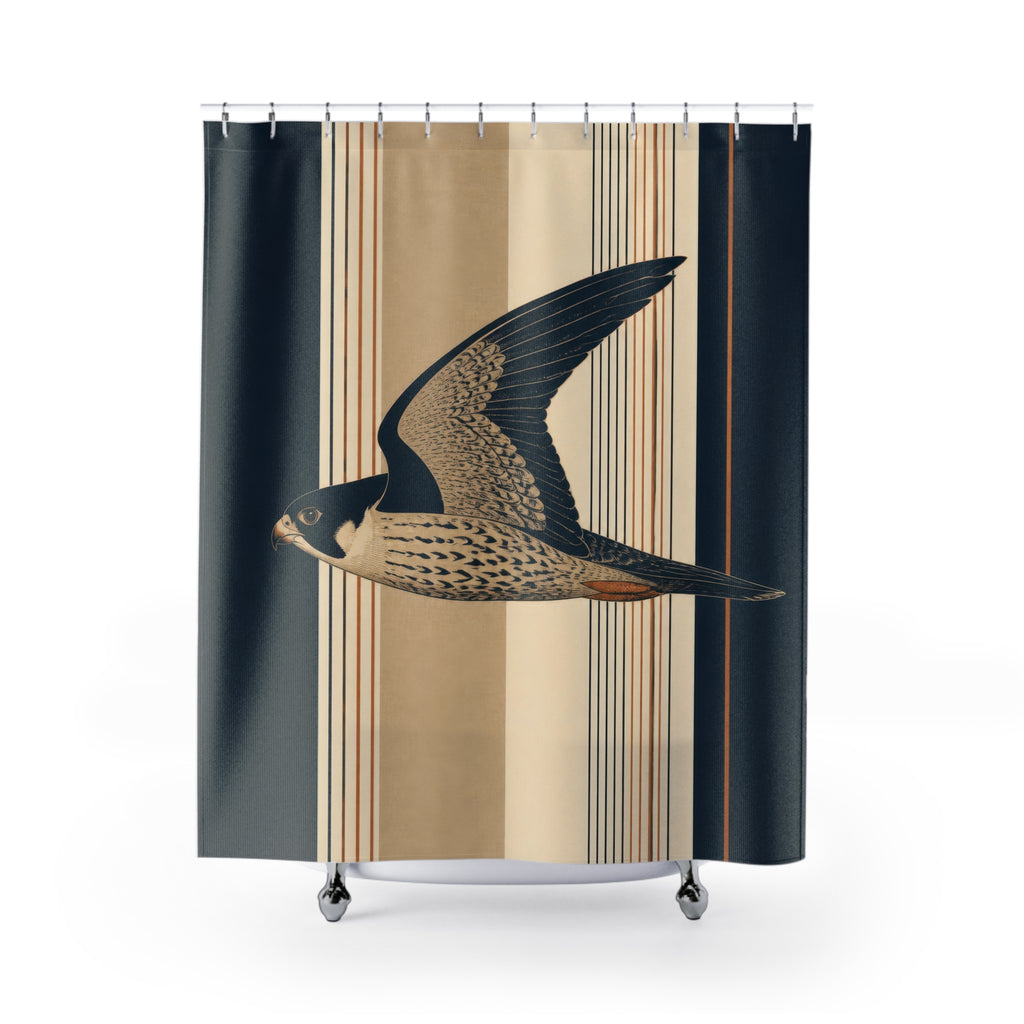 Flying block-print falcon over navy flax and ivory stripes shower curtain, full front view
