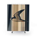 Flying block-print falcon over navy flax and ivory stripes shower curtain, full front view