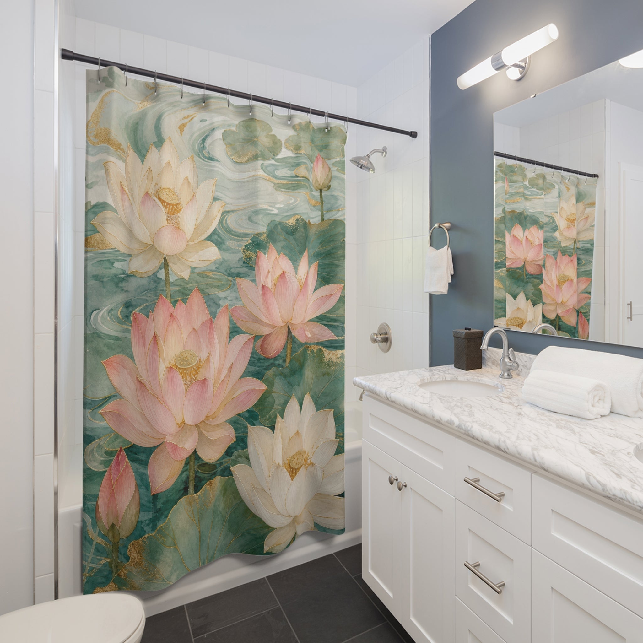 Lotus Shower Curtain: Pink Aqua Water Lily Floral