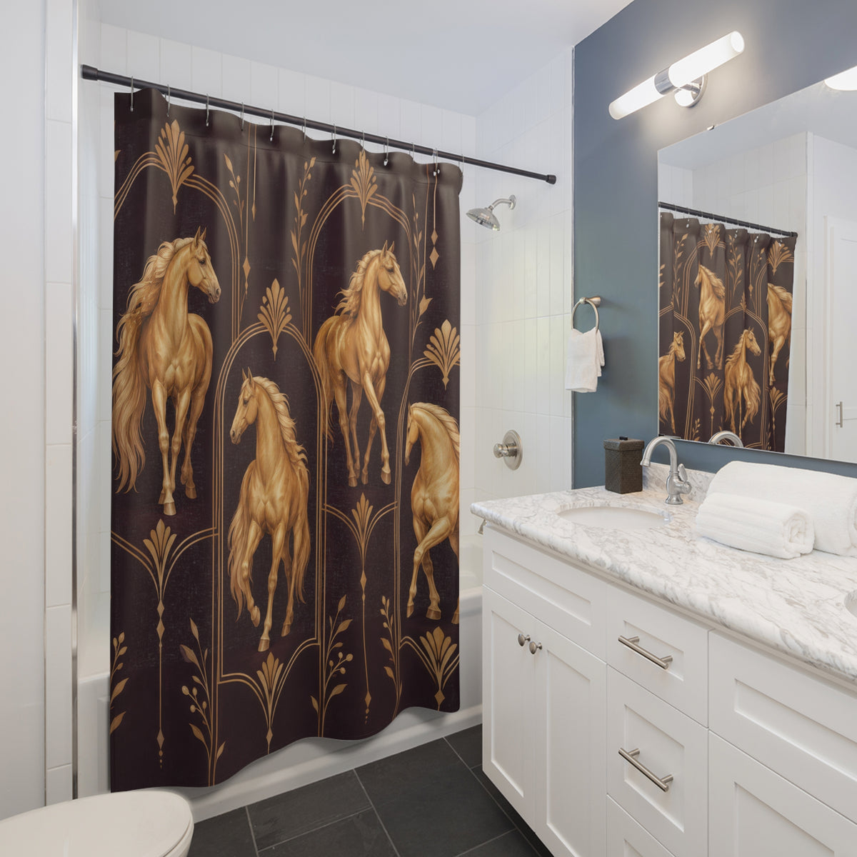 Gold horses within Art Deco arches on deep plum shower curtain beside a white vanity