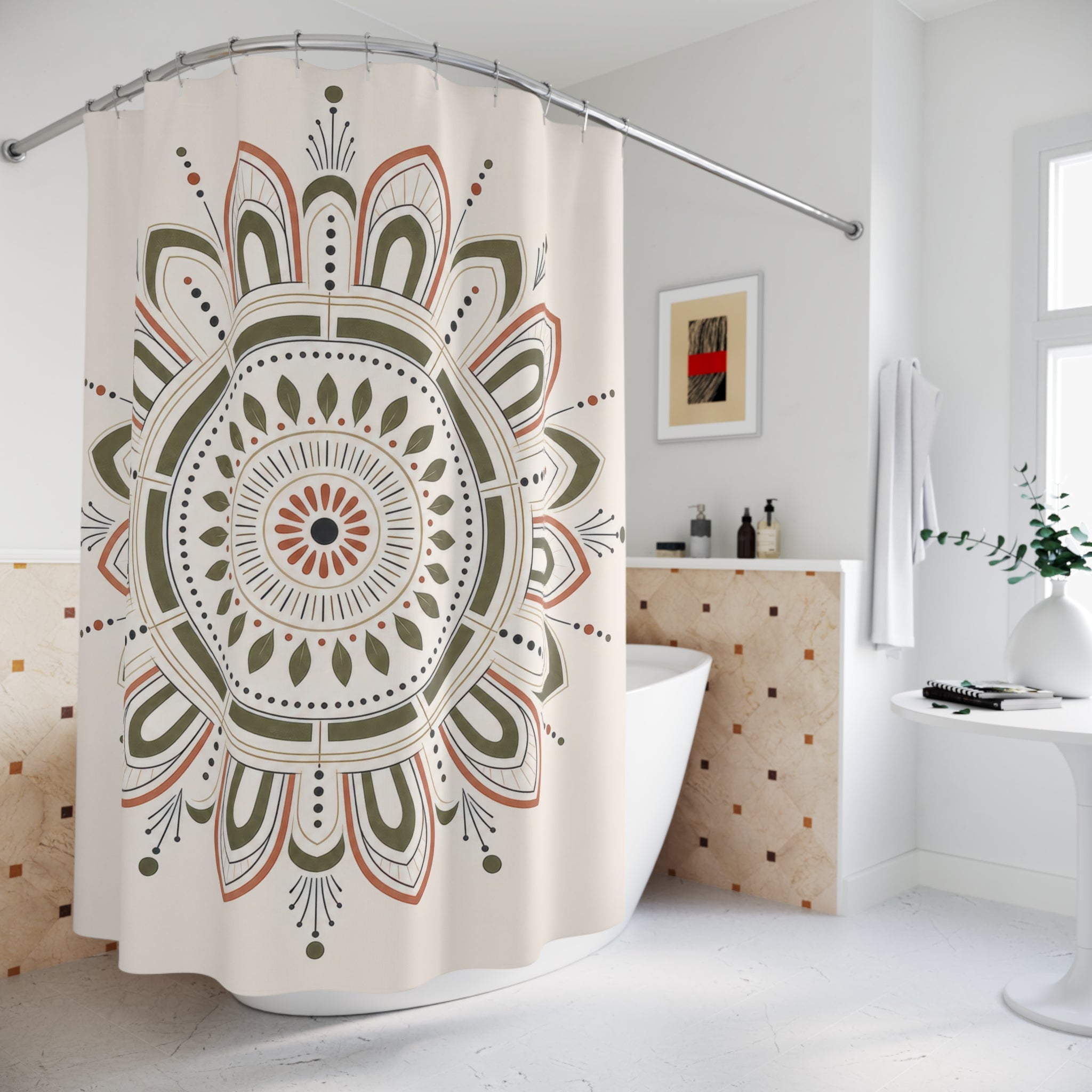 Olive Coral Line Art Medallion Shower Curtain
