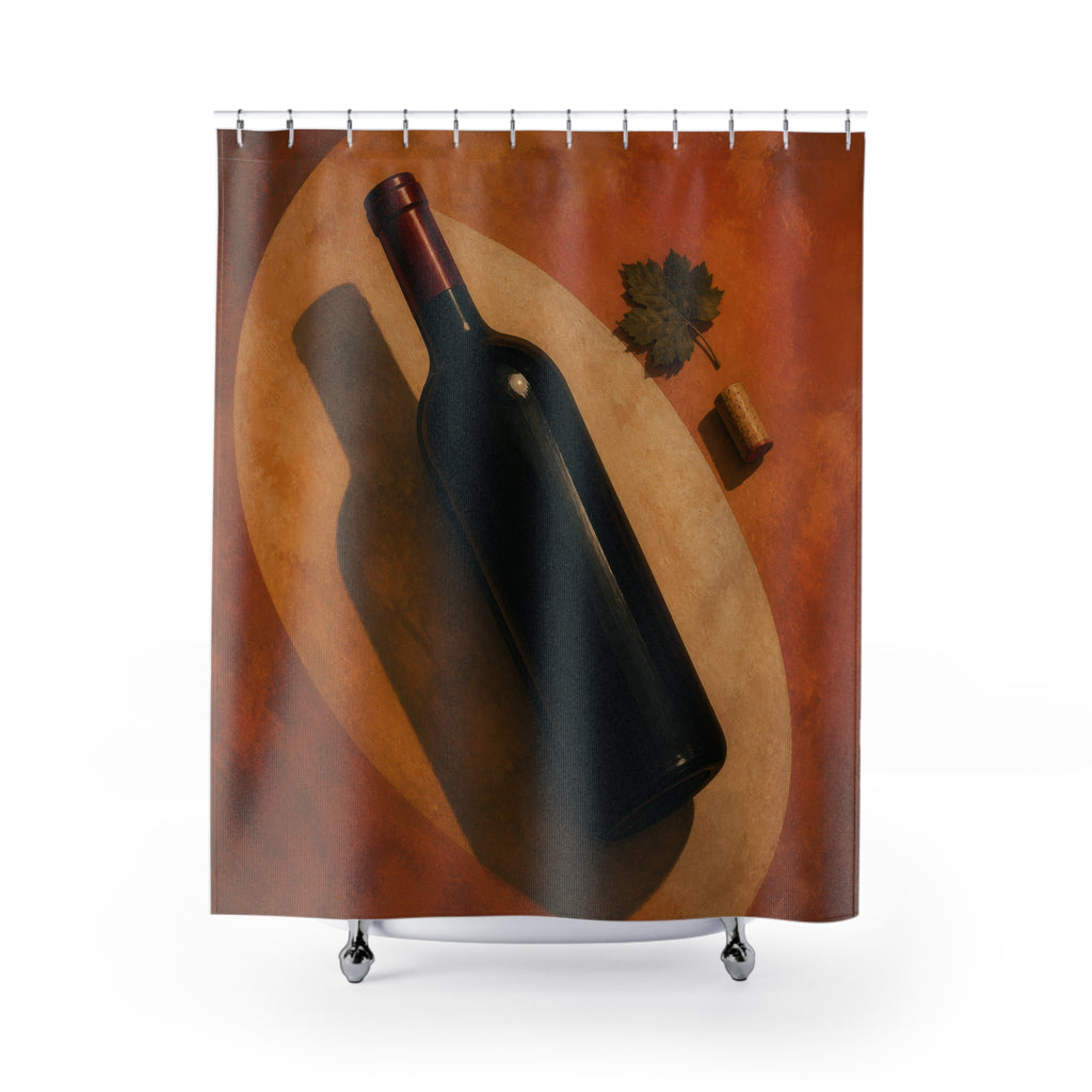 Diagonal wine bottle with cork and grape leaf shower curtain with full front view