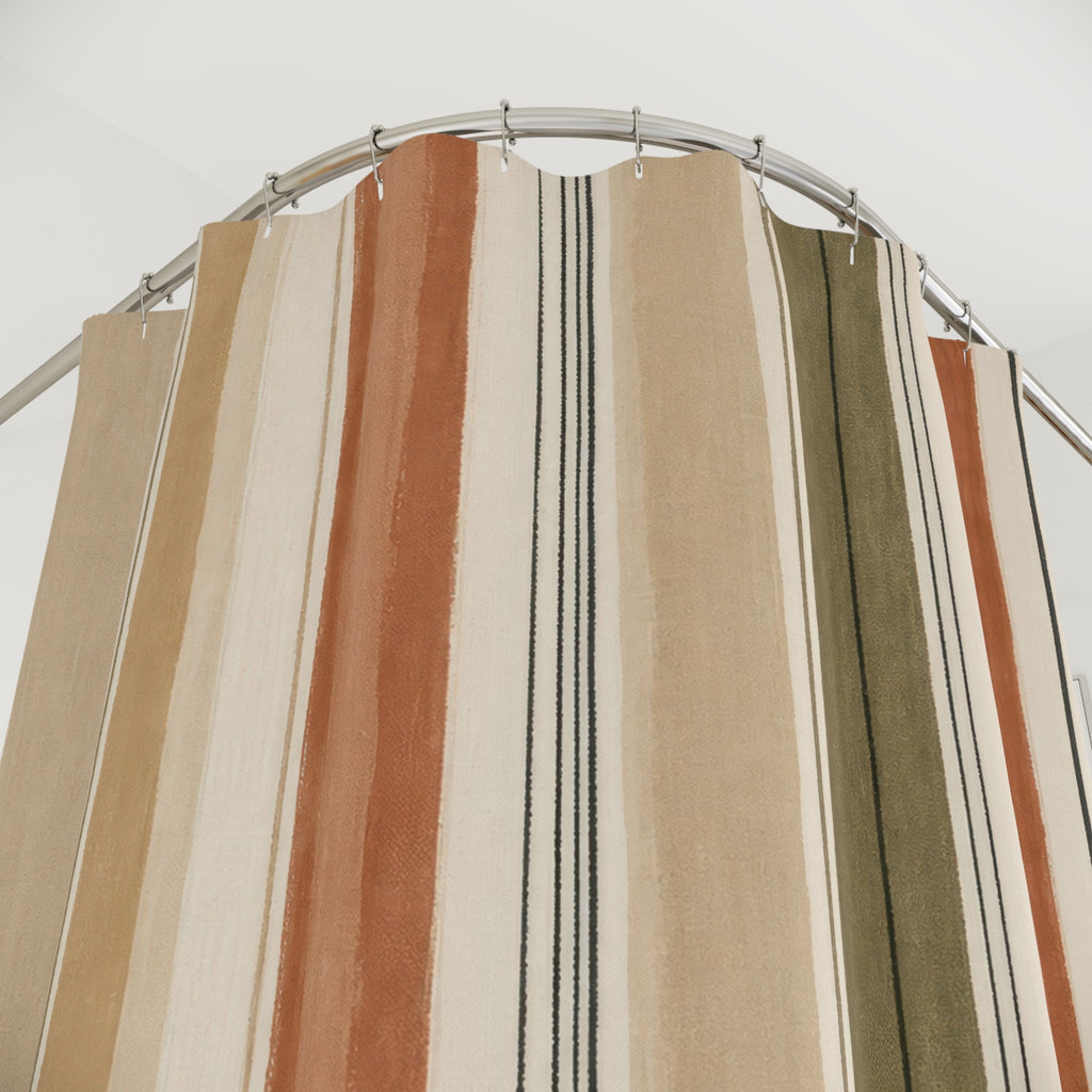 Olive Terracotta Neutral Stripe Shower Curtain