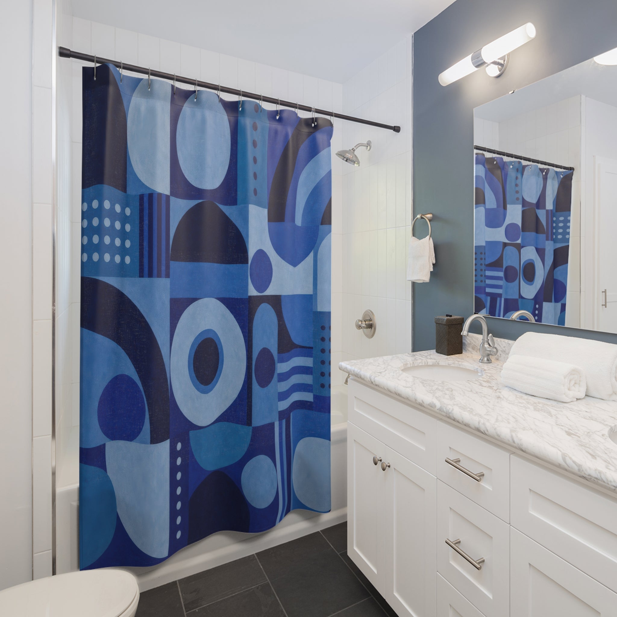 Navy Geometric Shower Curtain, Navy Blue Modern Bathroom Decor, Geometric Pattern Bath Curtain, Guest Bath Decor, Small Bathroom Decor