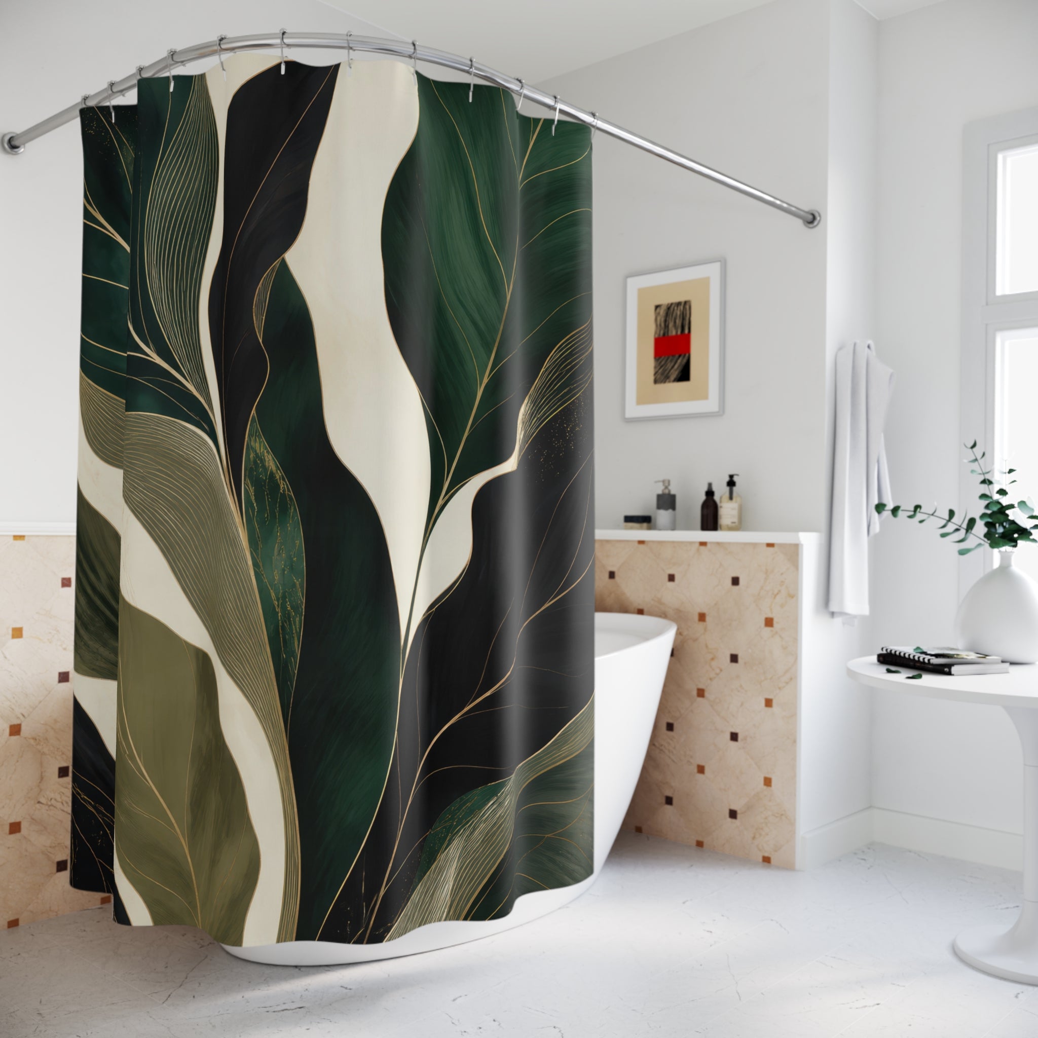 Black Dark Leaf Green Botanical Shower Curtain