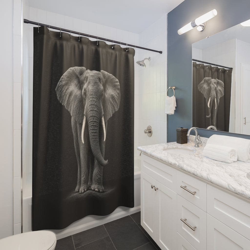 Gray elephant on charcoal shower curtain beside a white vanity