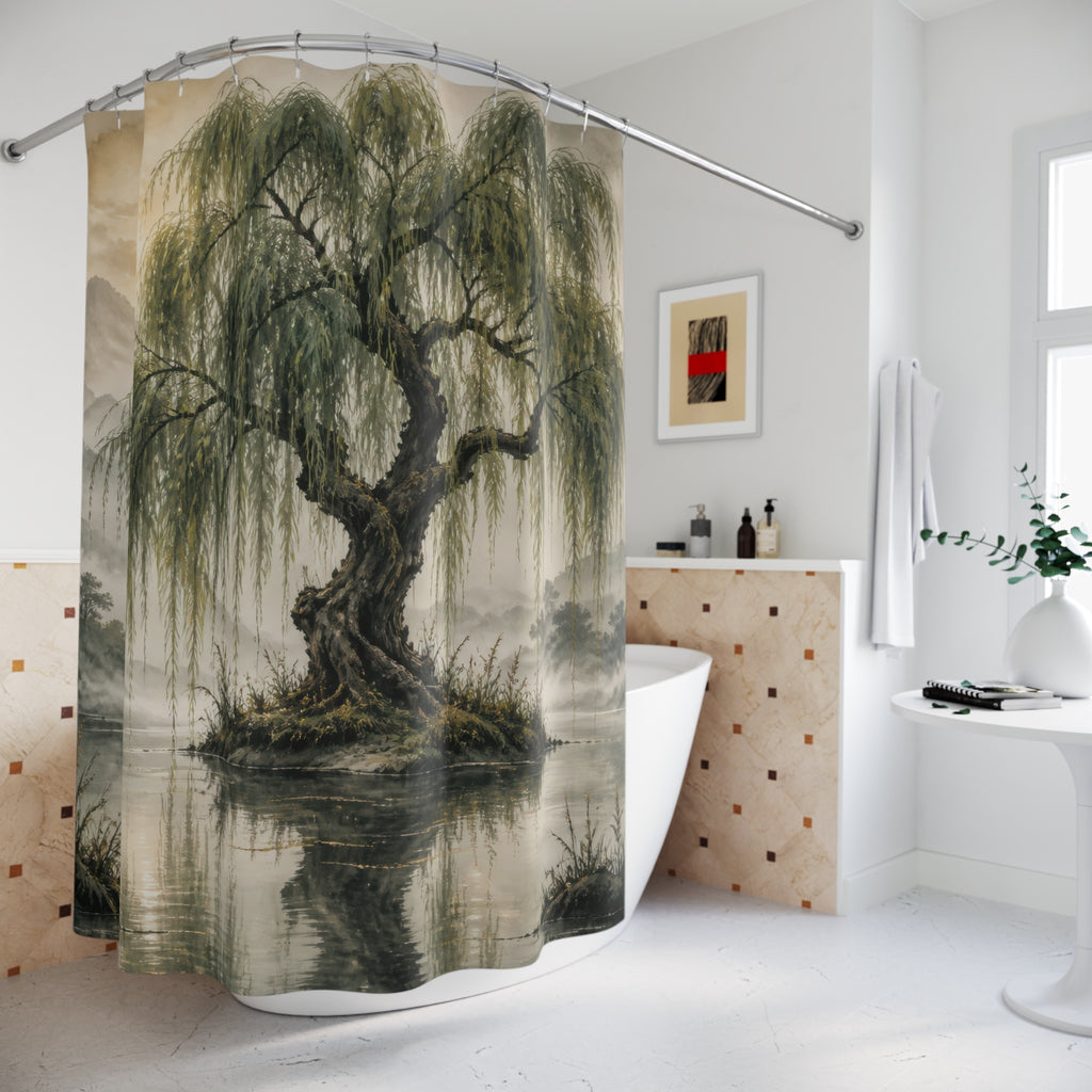 Sage willow tree reflected in a misty mountain lake shower curtain beside a freestanding tub