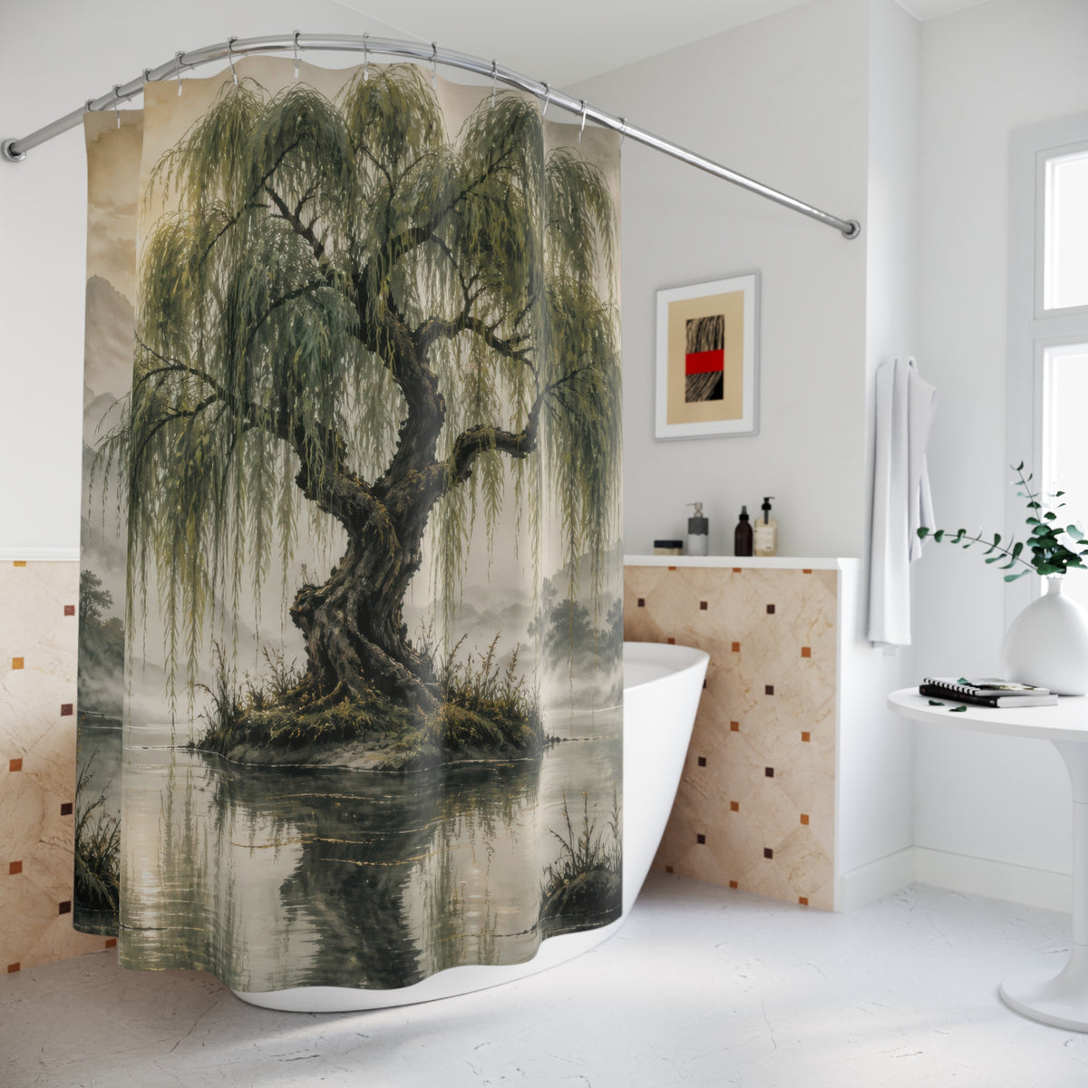 Sage willow tree reflected in a misty mountain lake shower curtain beside a freestanding tub