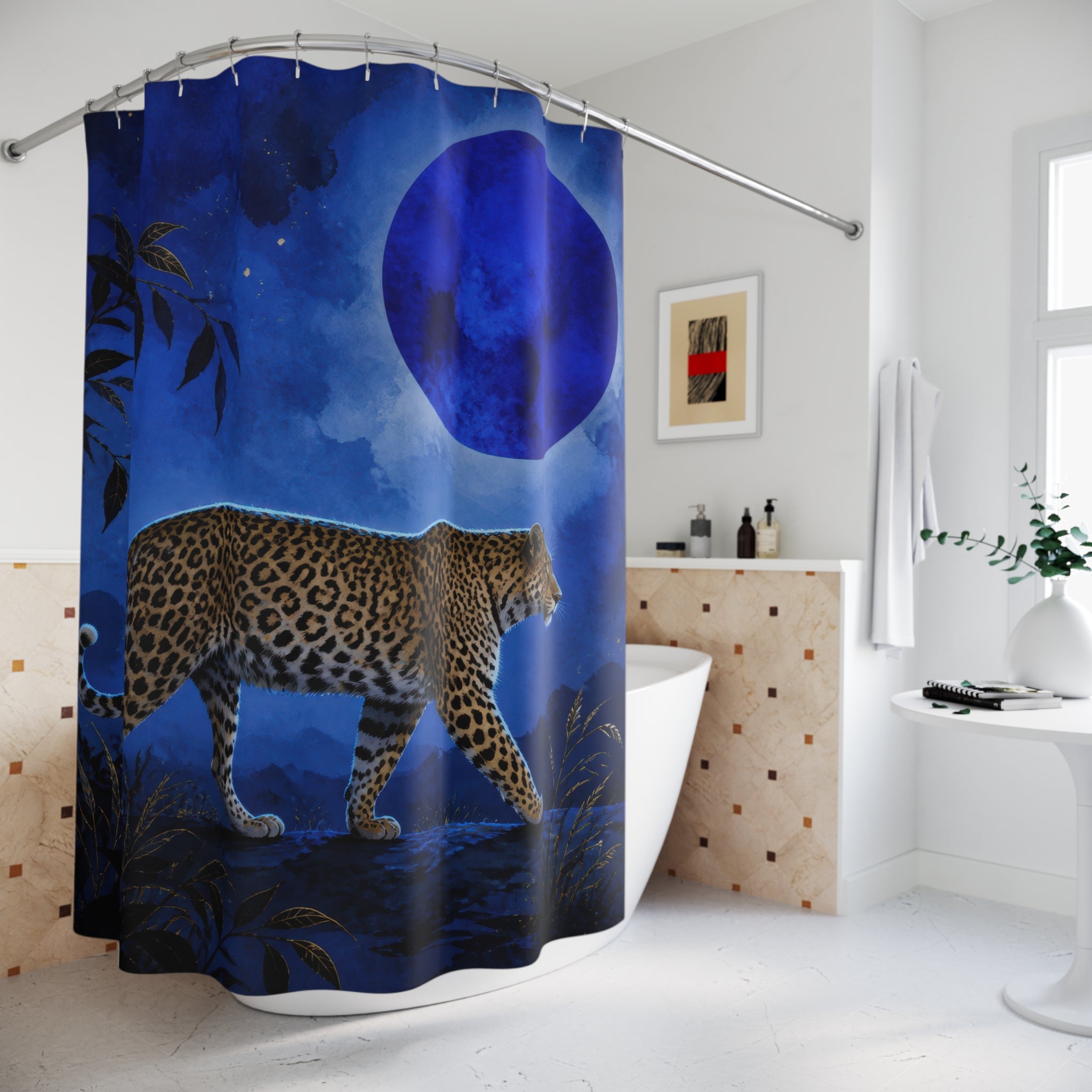 Cobalt moonlit jungle leopard shower curtain beside a freestanding tub