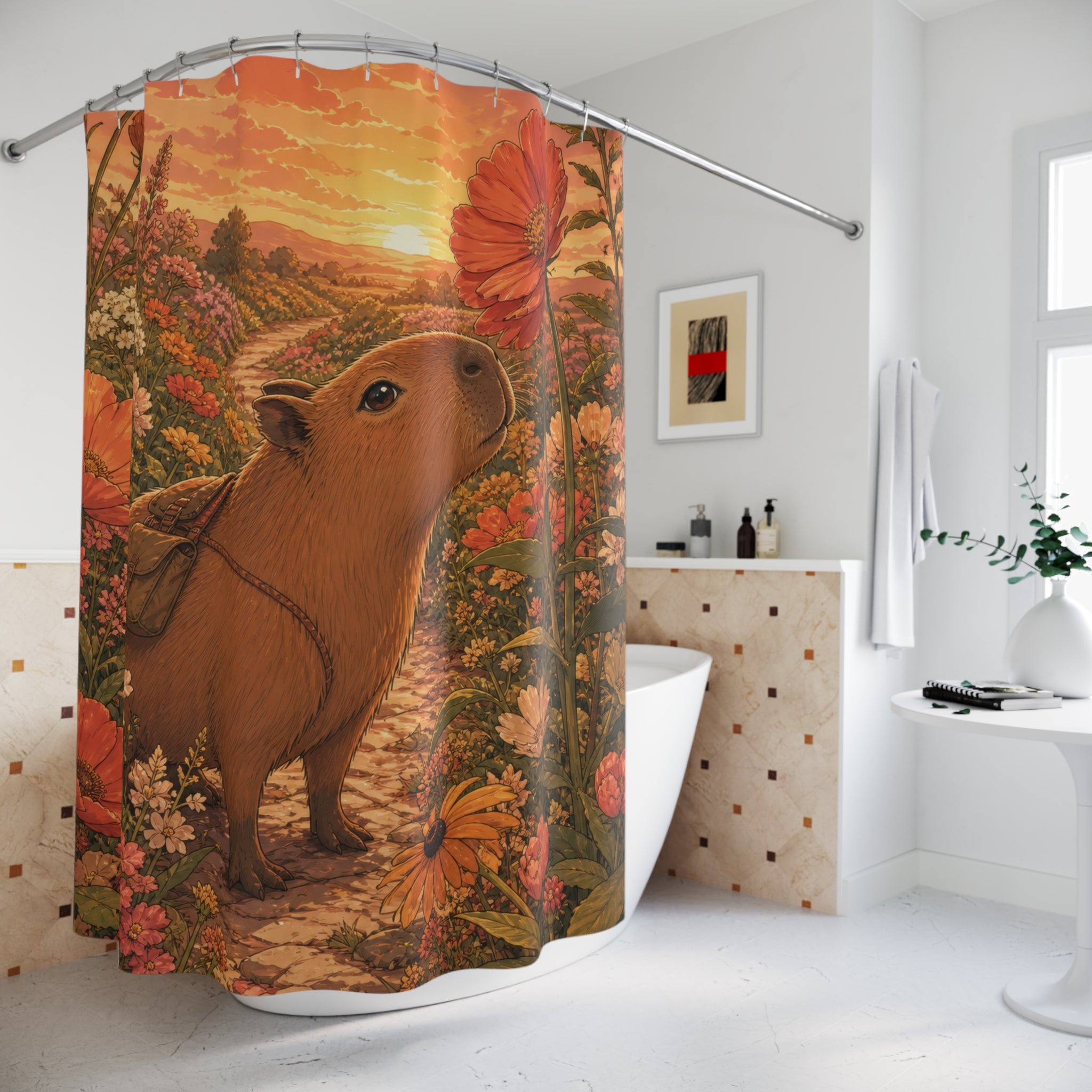 Capybara botanist walking through warm oversized wildflowers shower curtain beside a freestanding tub