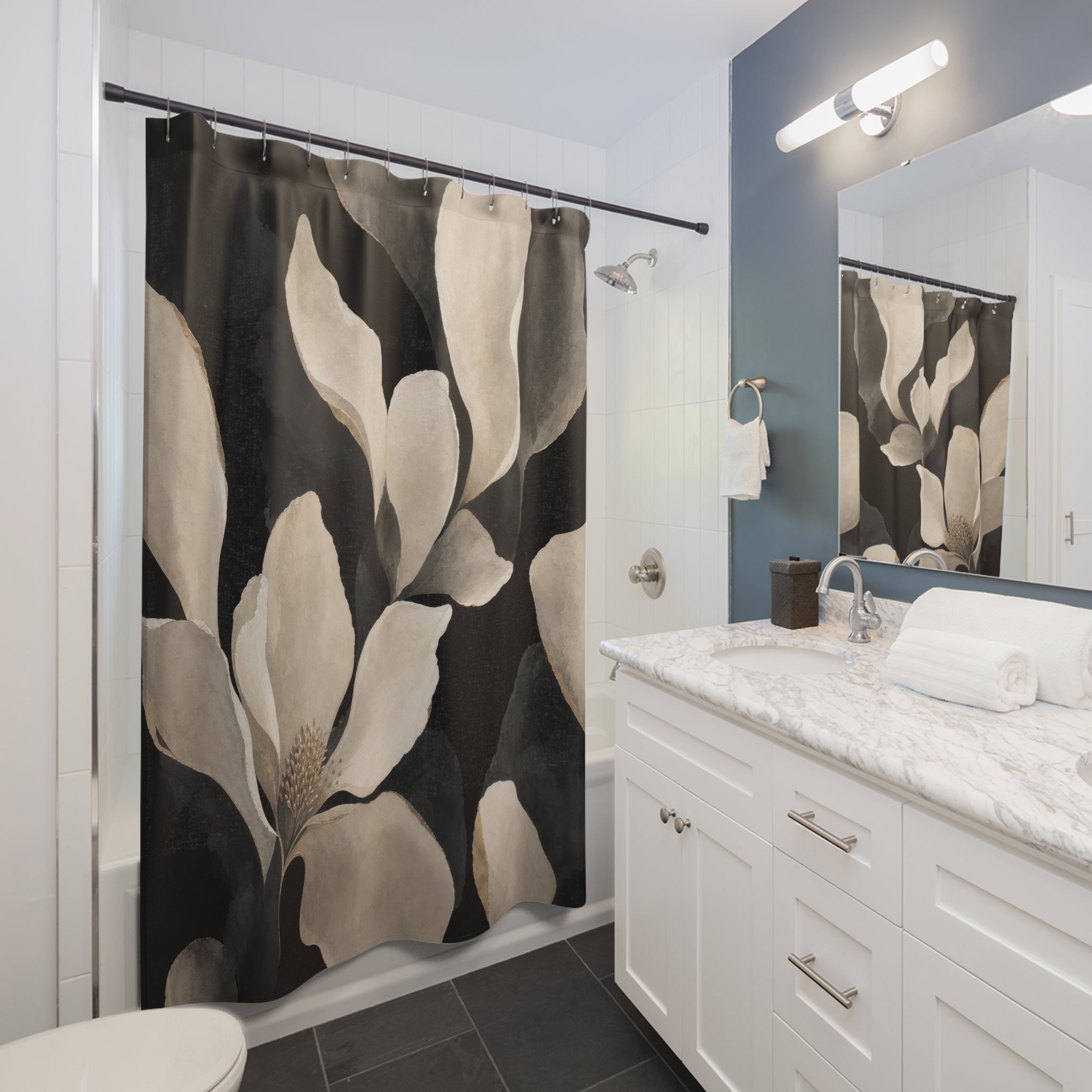 Black Floral Shower Curtain, White Magnolia Bath Decor, Cream Gray Large Flower Pattern, Modern Botanical Guest Bathroom Decor Style