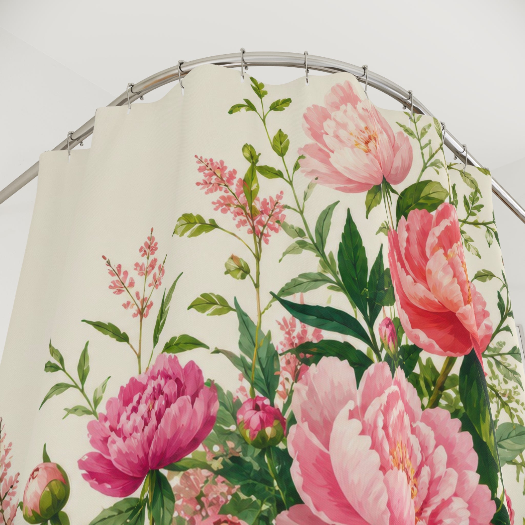 Green and pink peony garden garland shower curtain with close-up print, hooks, and folds