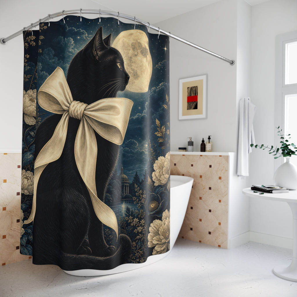 Moonlit Black Cat Bow Shower Curtain