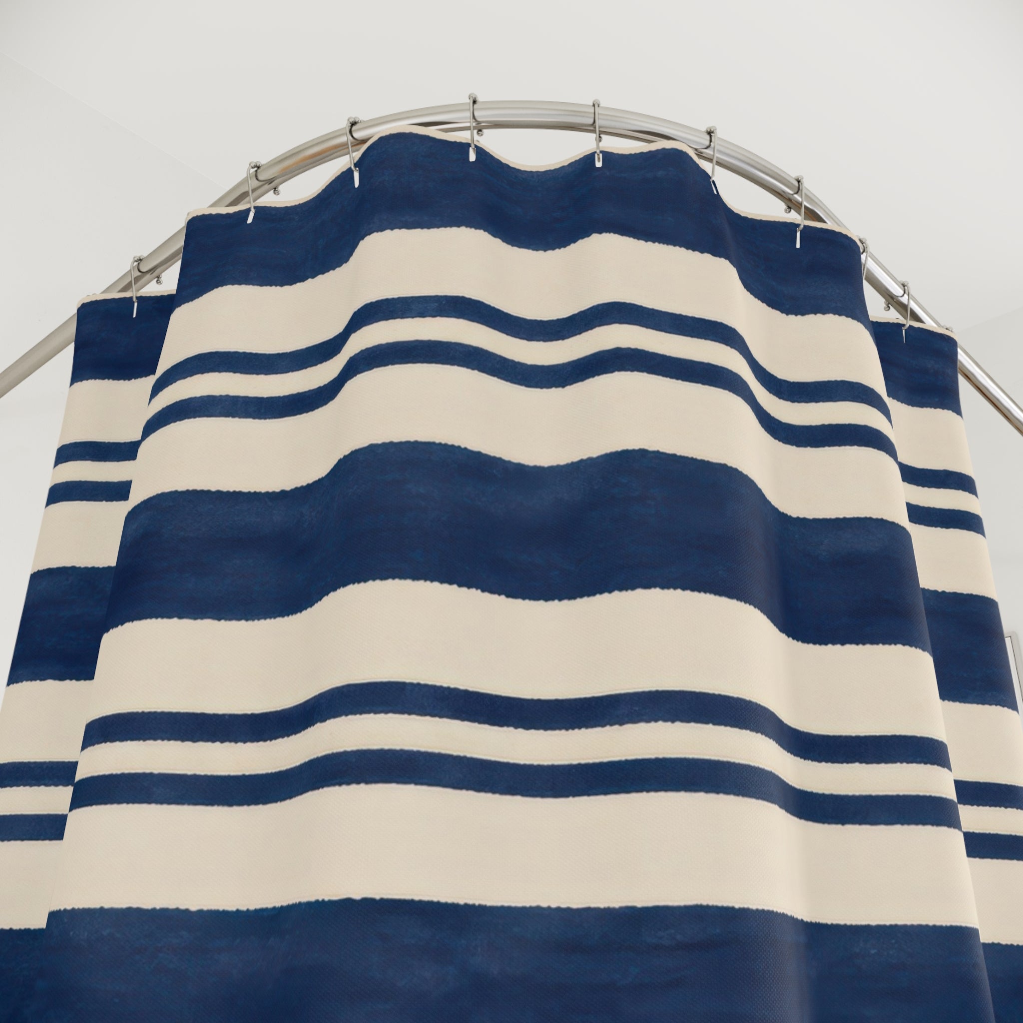 Navy Blue Cream Horizontal Stripe Shower Curtain