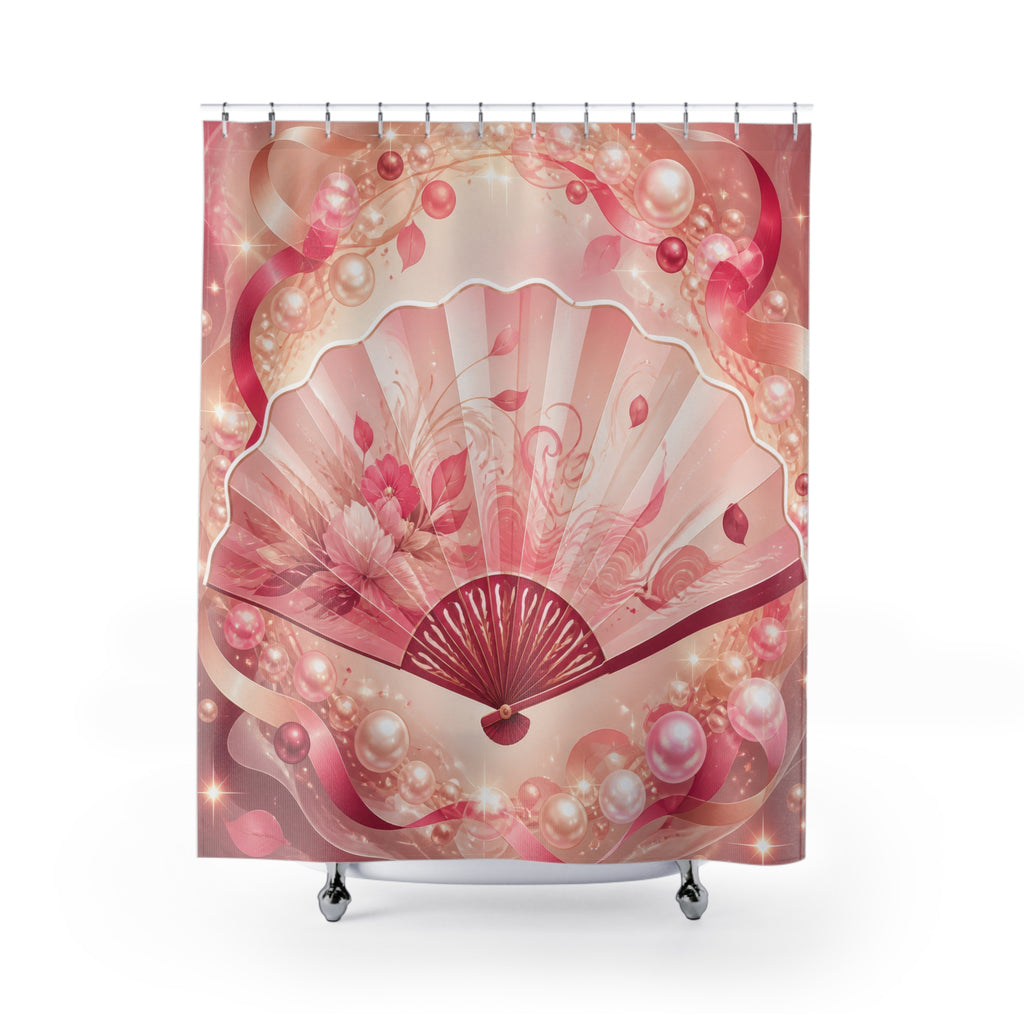 Blush folding fan glowing inside a pearl oval halo shower curtain with full front view