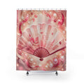 Blush folding fan glowing inside a pearl oval halo shower curtain with full front view