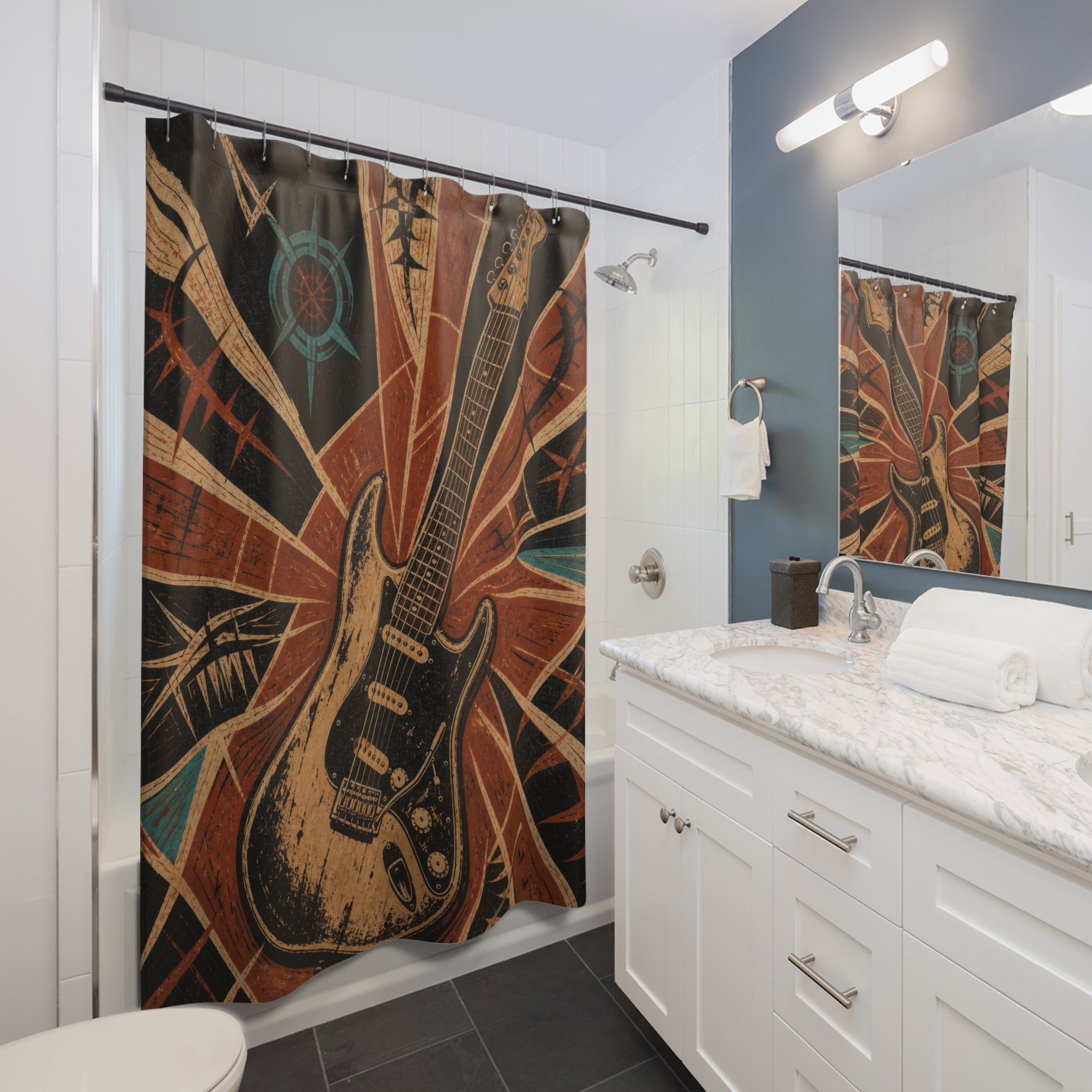 Weathered electric guitar in a terracotta block print burst shower curtain beside a white vanity