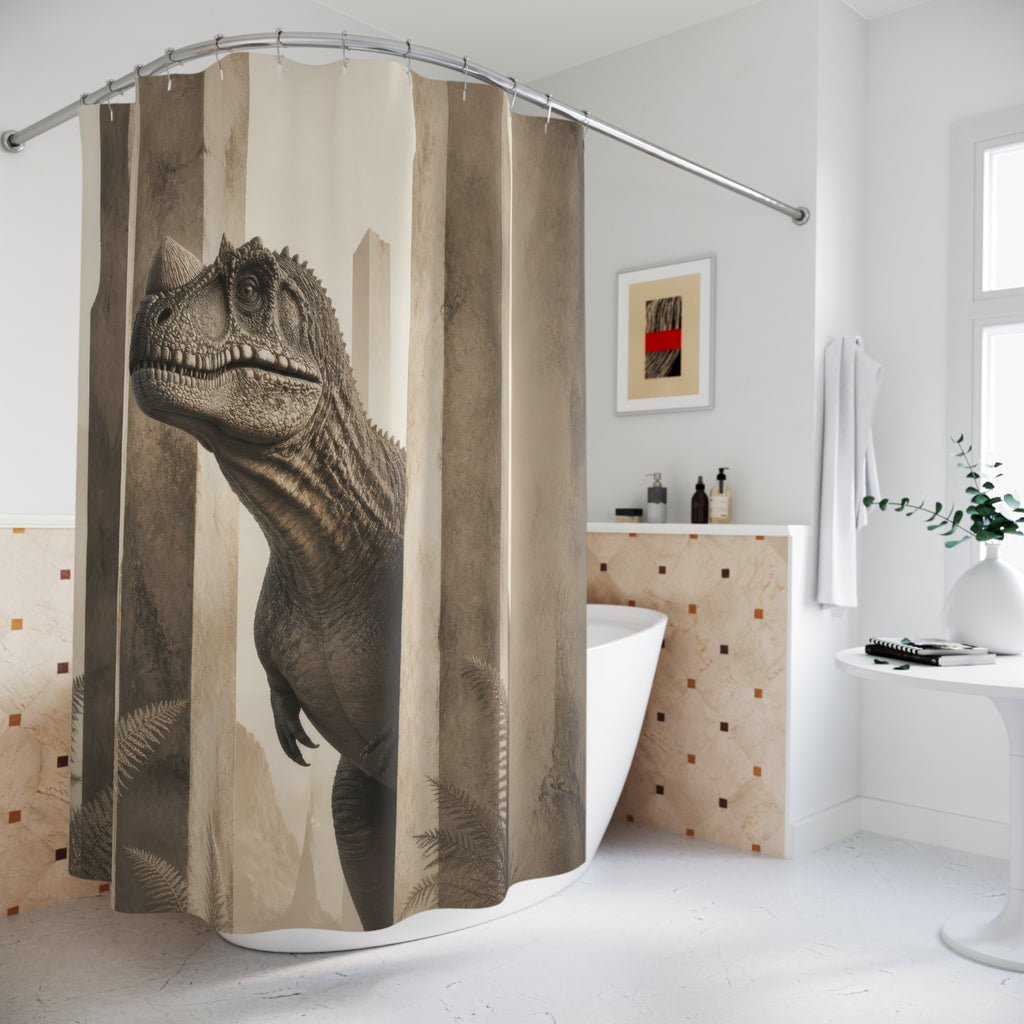 Sepia Optical Illusion T Rex shower curtain beside a freestanding tub