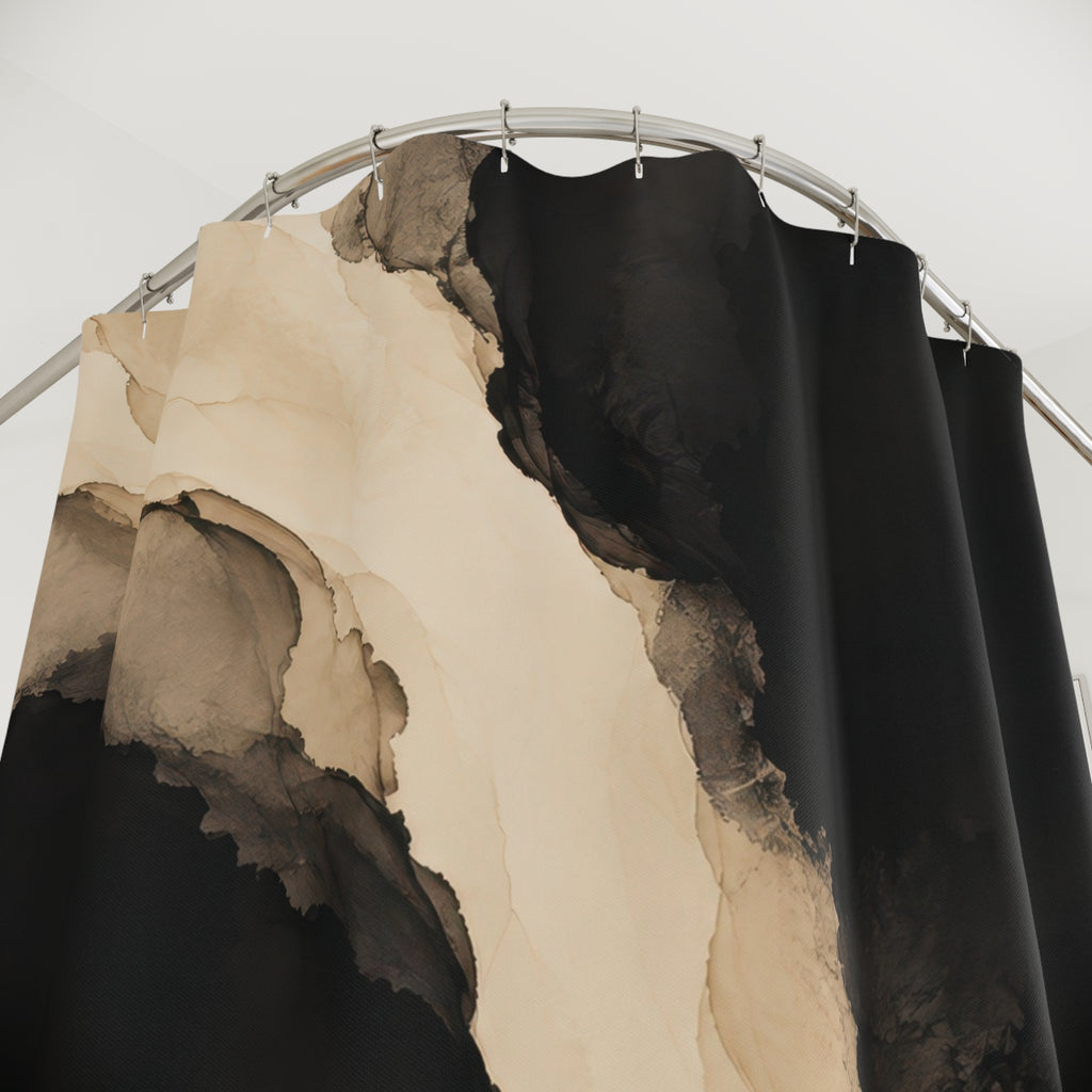 Beige and black fluid ink wash shower curtain with close-up print, hooks, and folds