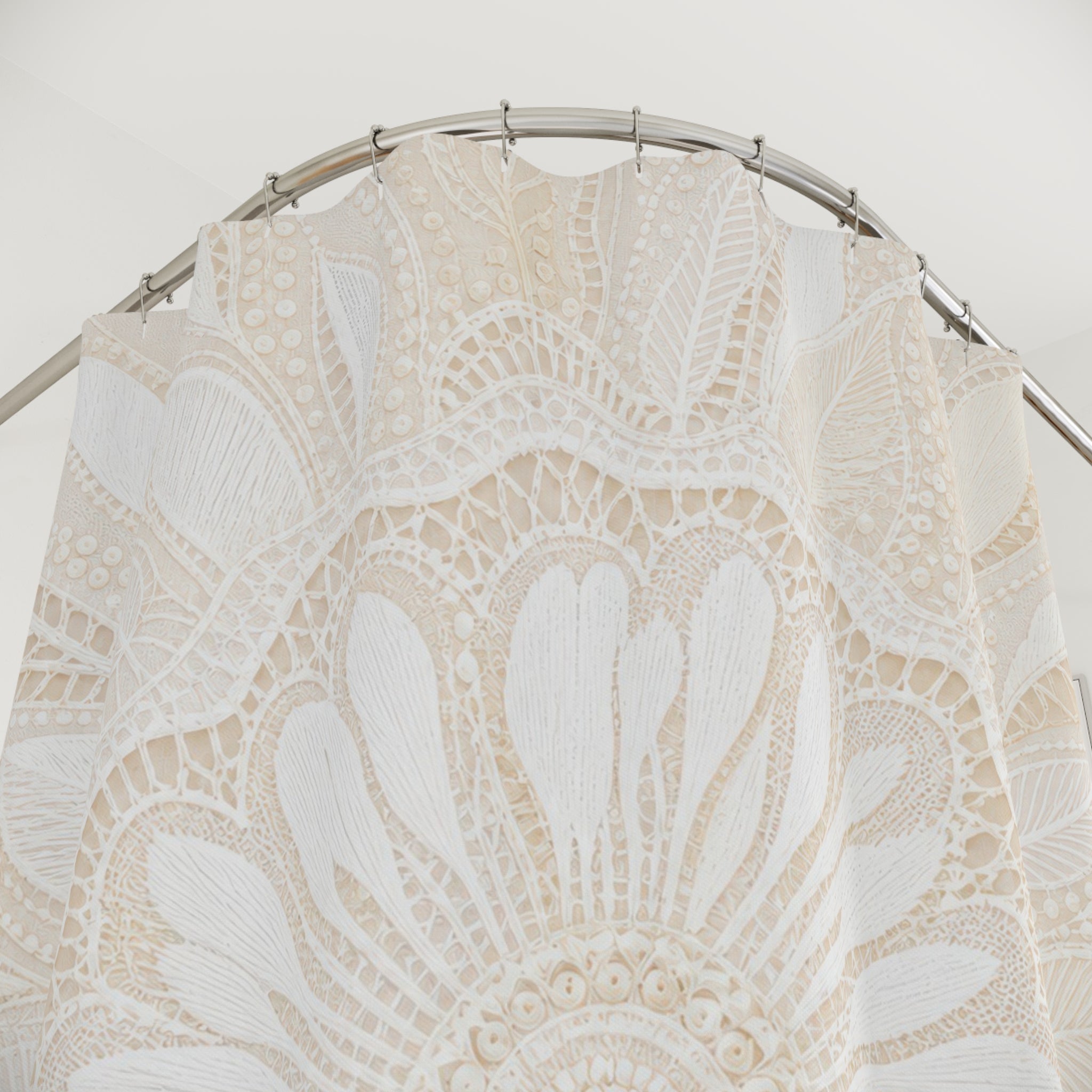 White Boho Shower Curtain, Mandala Flower Bath Decor, Ivory Medallion Pattern, Cream Guest Bathroom Decor, Soft Bohemian Style Decor
