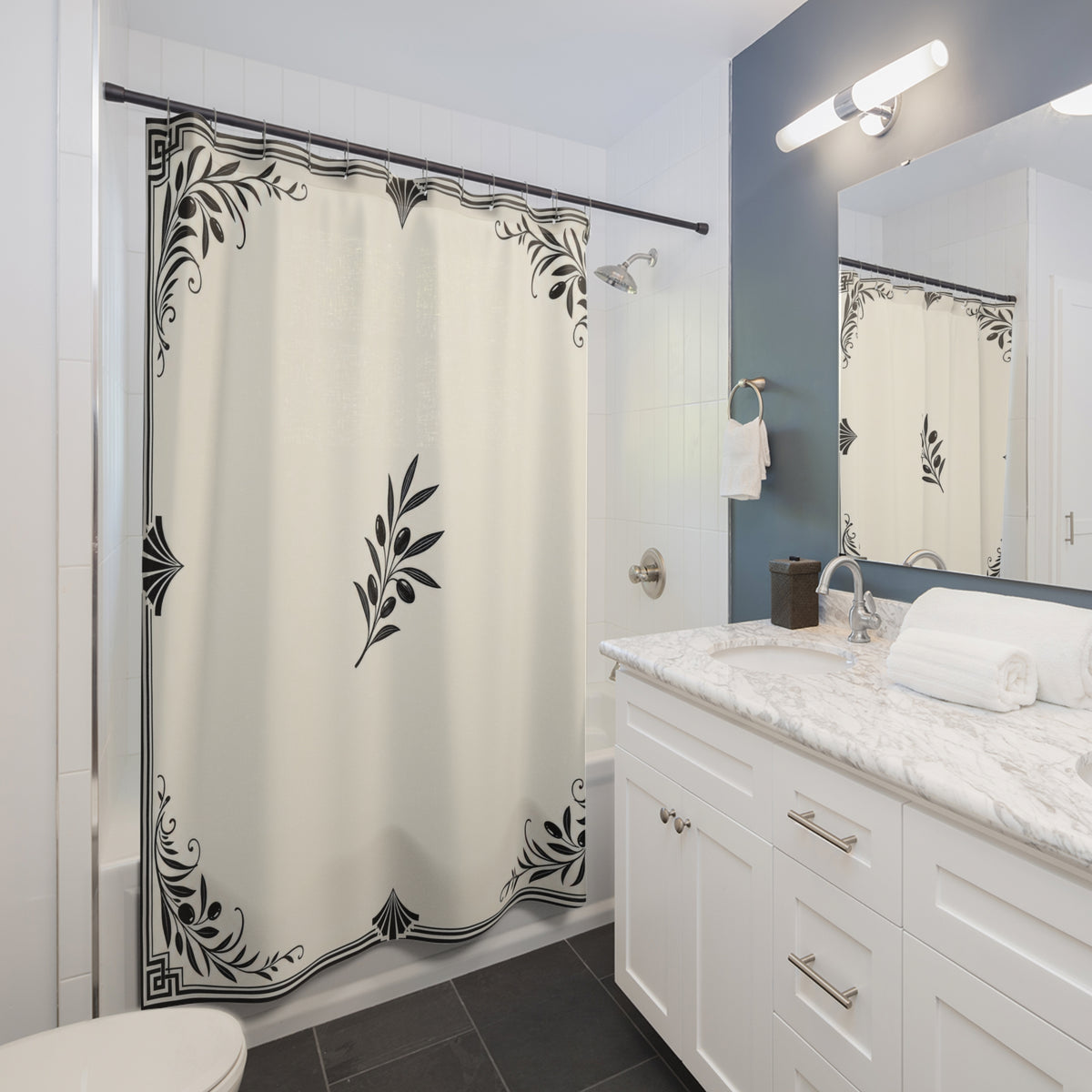 Black Border Ivory Botanical Corner Frame shower curtain beside a white vanity