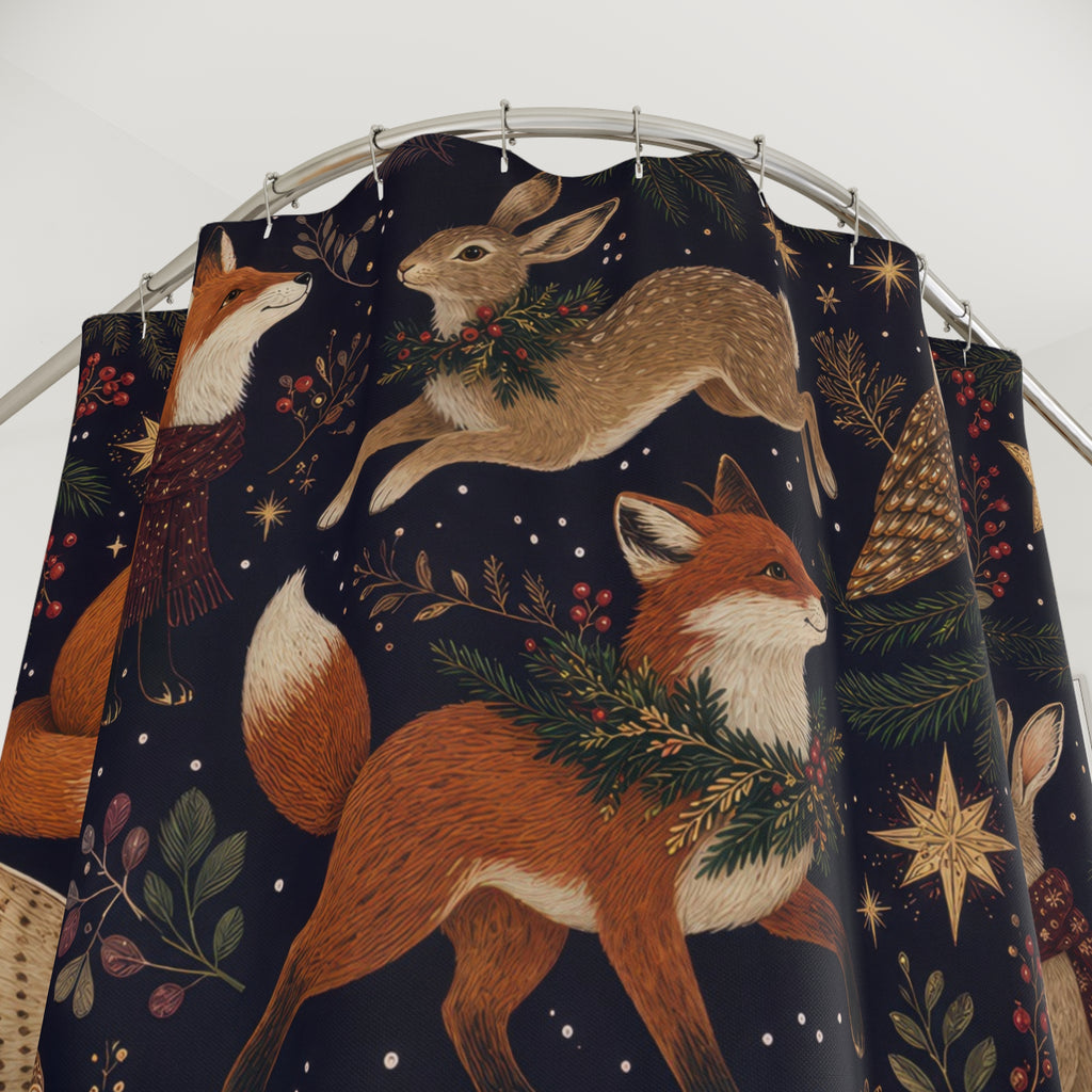 Woodland Christmas Shower Curtain, Fox Hare Owl Winter Animal Pattern, Plum Rust Holiday Bathroom Decor, Cozy Festive Guest Bath