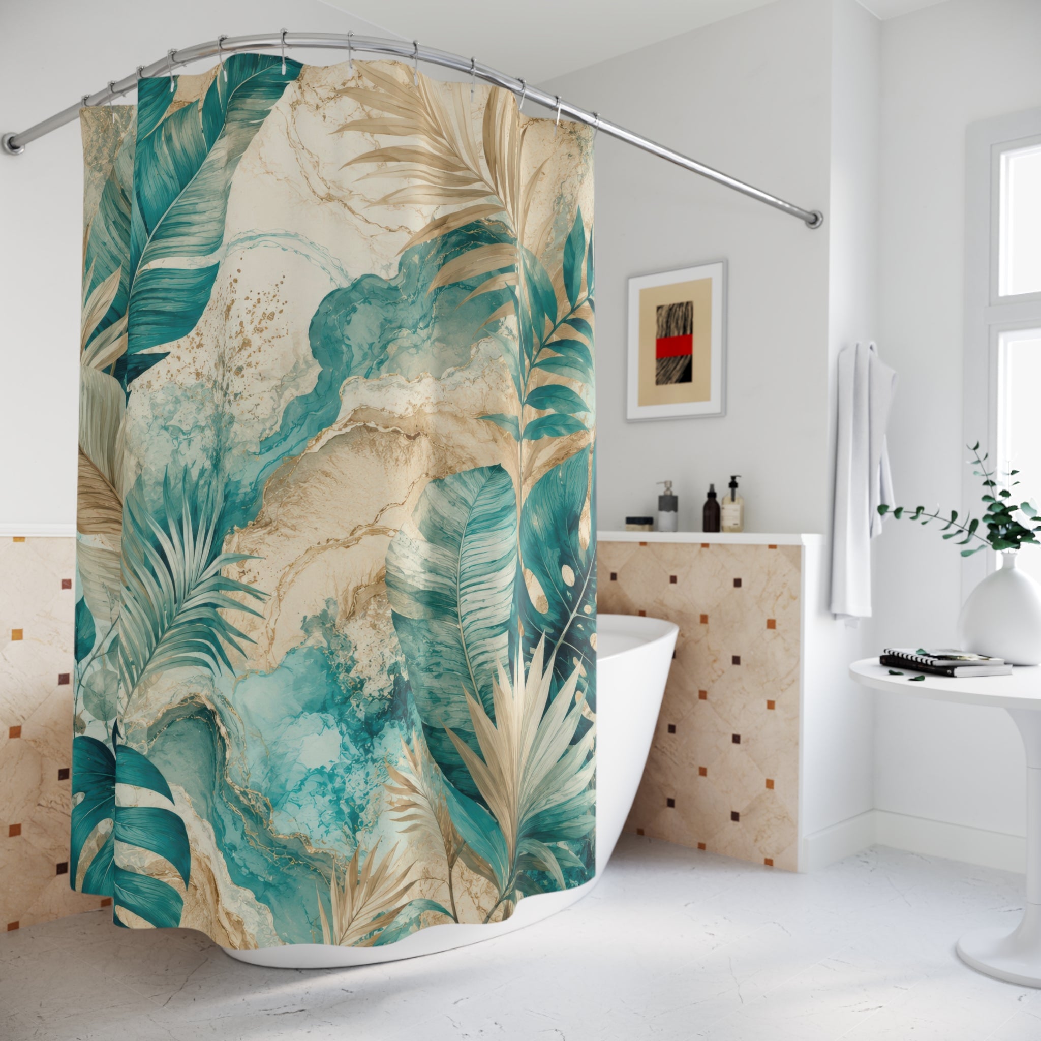 Turquoise Beige Shower Curtain: Teal Botanical