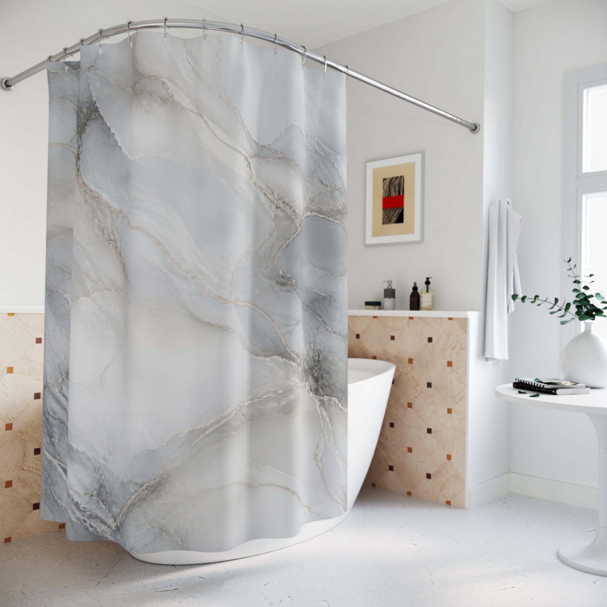 Grey Shower Curtain, Gray Abstract Bath Decor, Marble Look White Charcoal Pattern, Modern Neutral Guest Bathroom Decor, Soft Spa Style