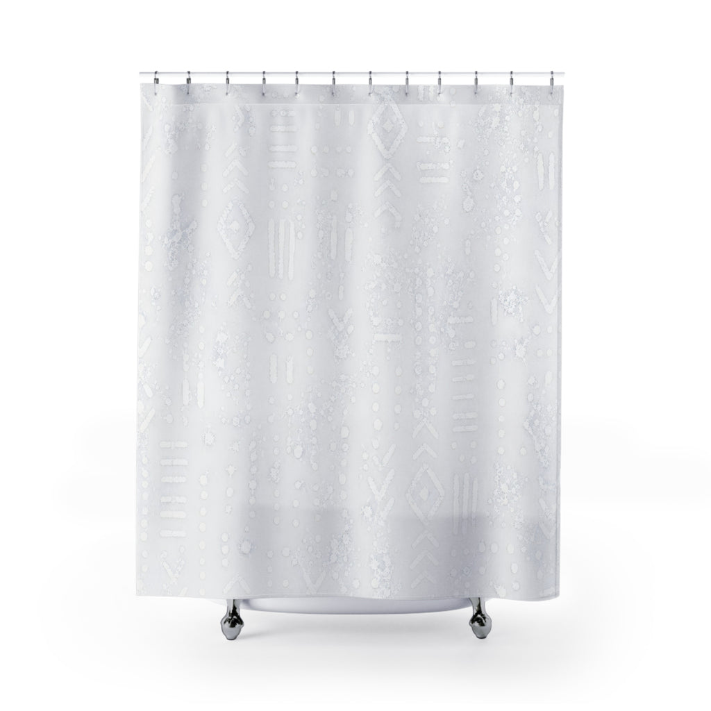 White Boho Shower Curtain, Minimal Geometric Bath Decor, Faint Ornamental Panel Pattern, Guest Bathroom Decor, Soft Spa Style, White Style