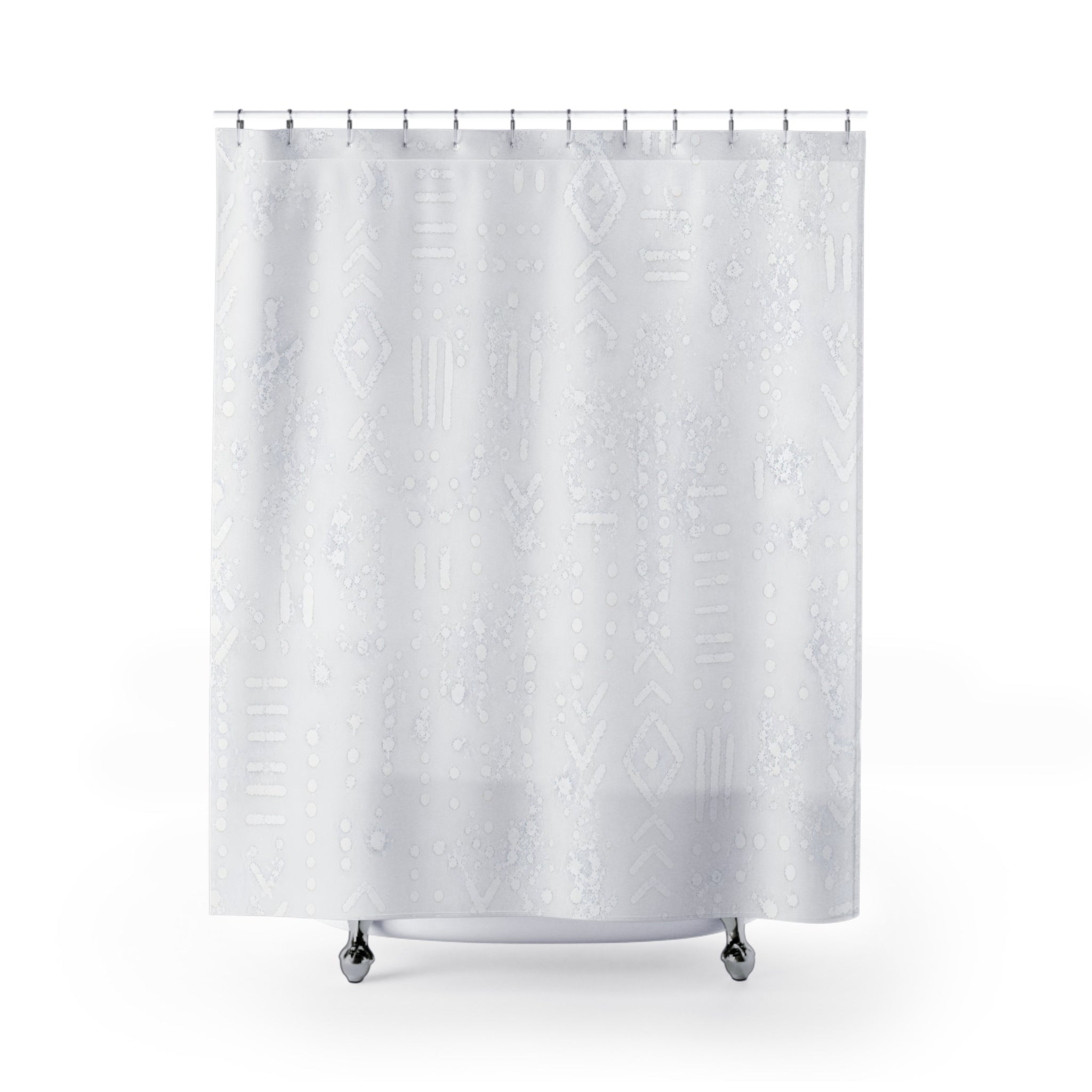 White Boho Shower Curtain, Minimal Geometric Bath Decor, Faint Ornamental Panel Pattern, Guest Bathroom Decor, Soft Spa Style, White Style