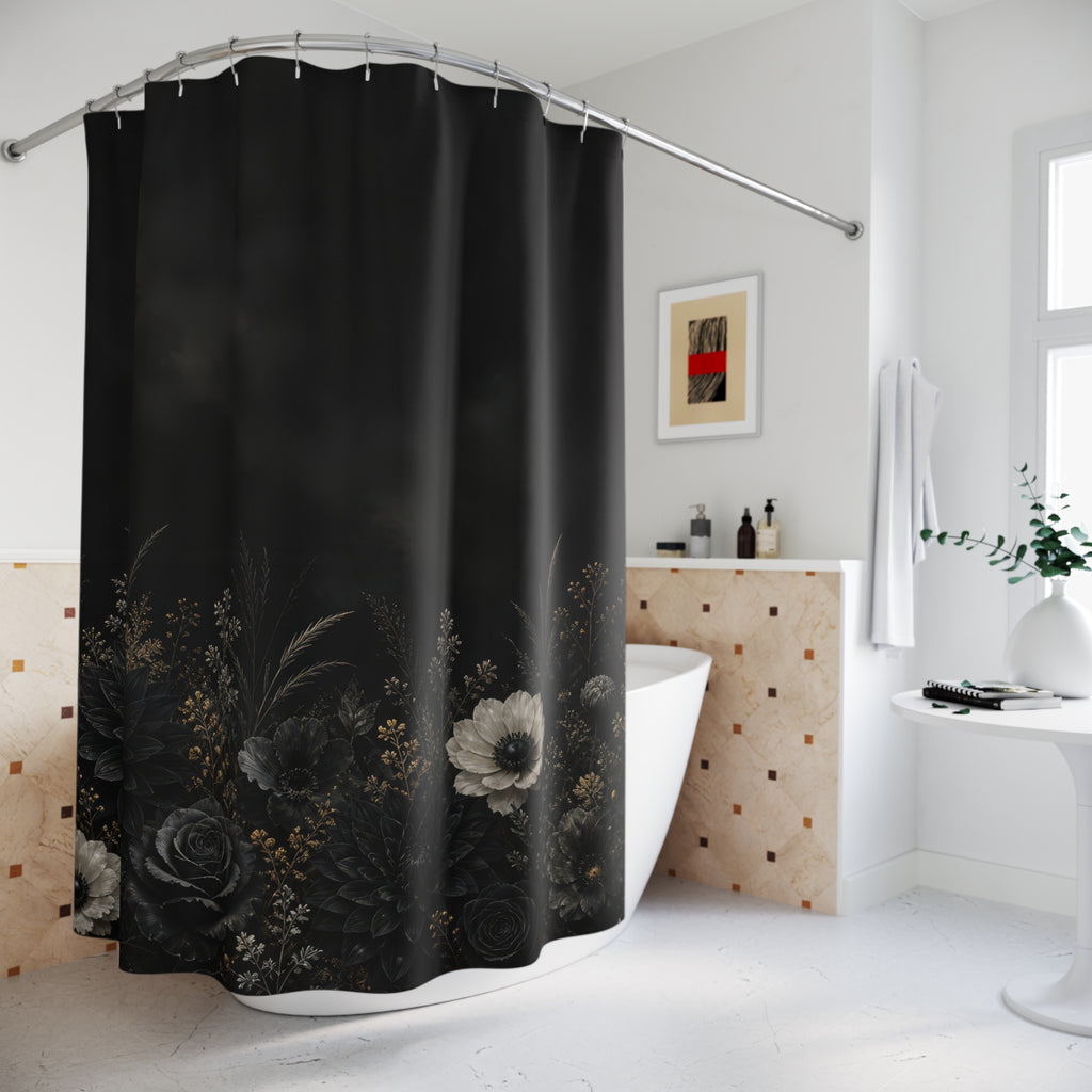 Nocturnal black garden with moonlit flowers and gold grasses shower curtain styled beside a freestanding tub