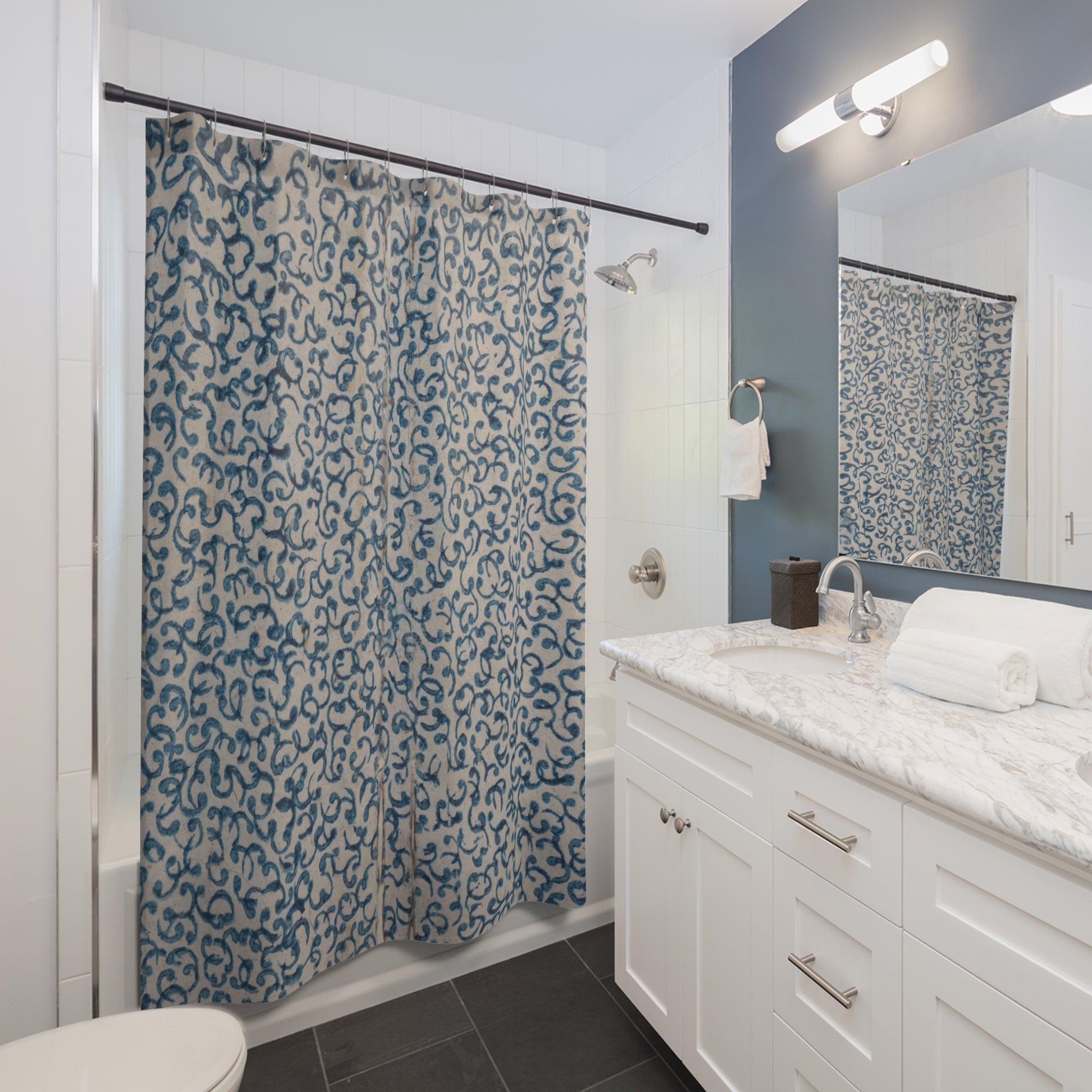Blue Scroll Shower Curtain – Cream Vintage Print