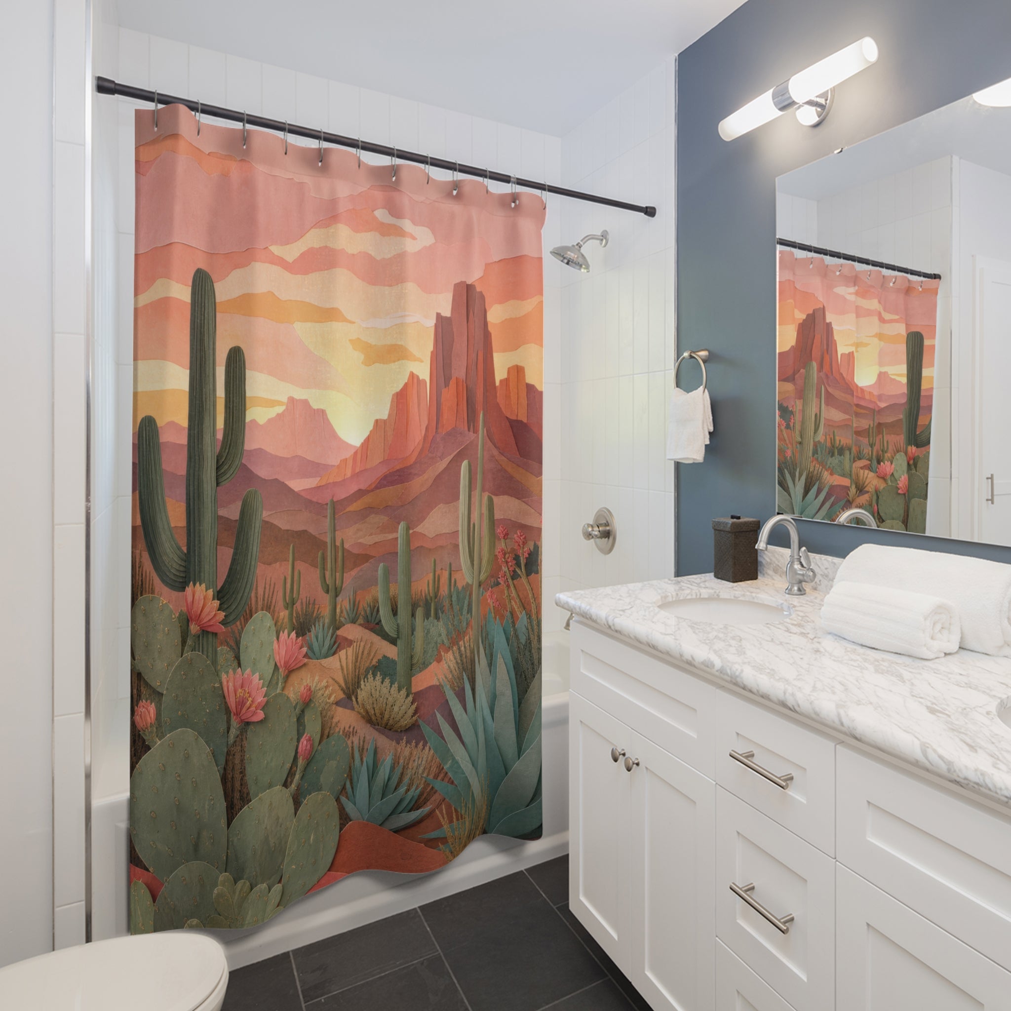 Boho Desert Cactus Shower Curtain – Terracotta Sunset