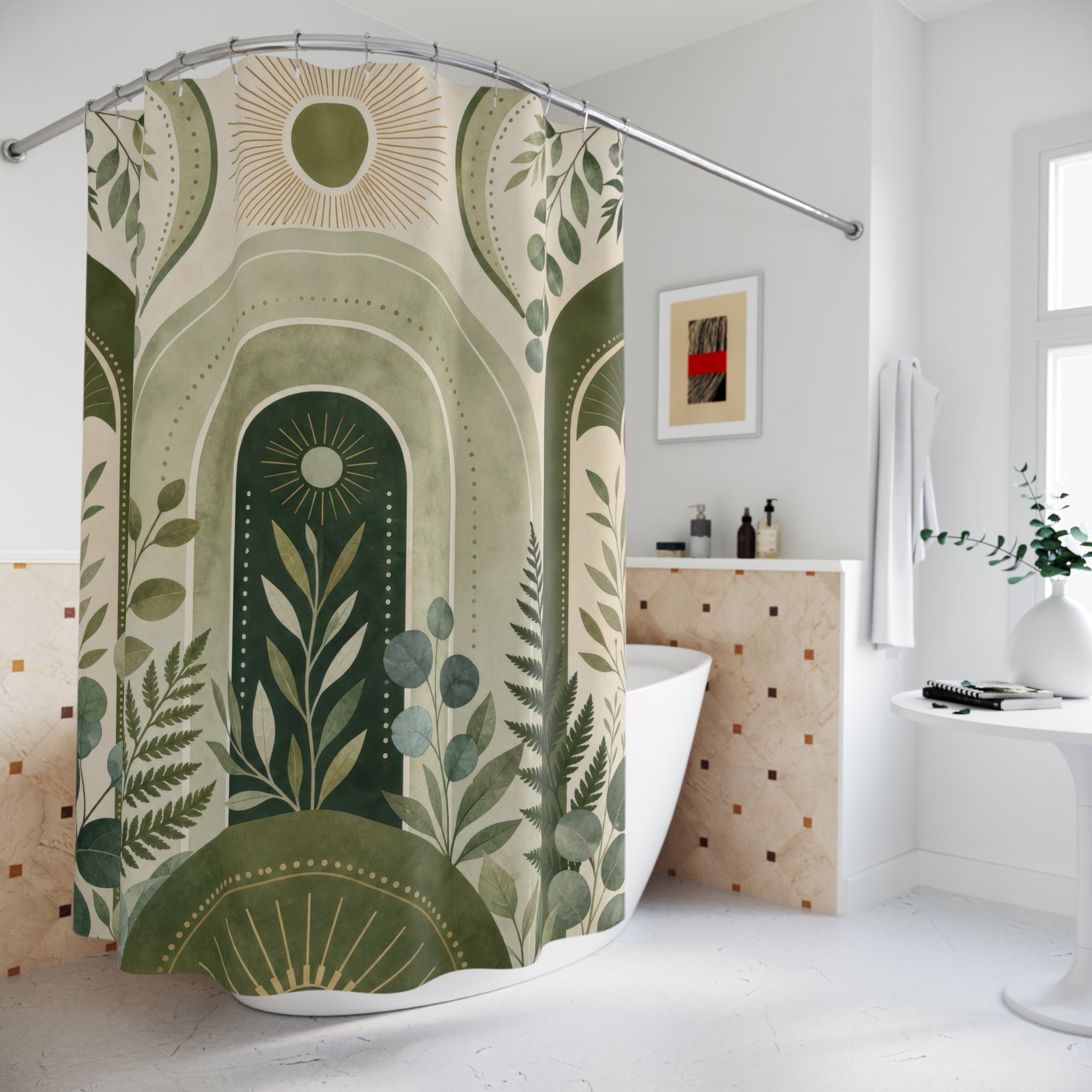 Green Boho Shower Curtain: Sage Botanical Arch Pattern