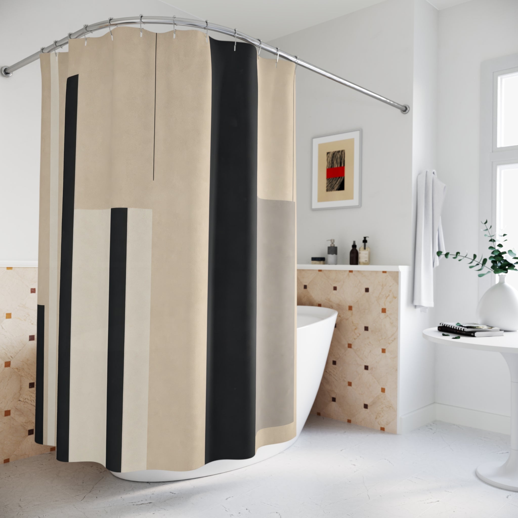 Modern Vertical Stripe Black Beige Shower Curtain