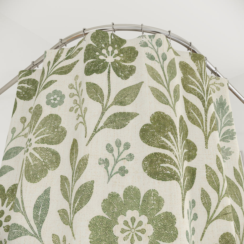Moss Block Print Flowers Shower Curtain