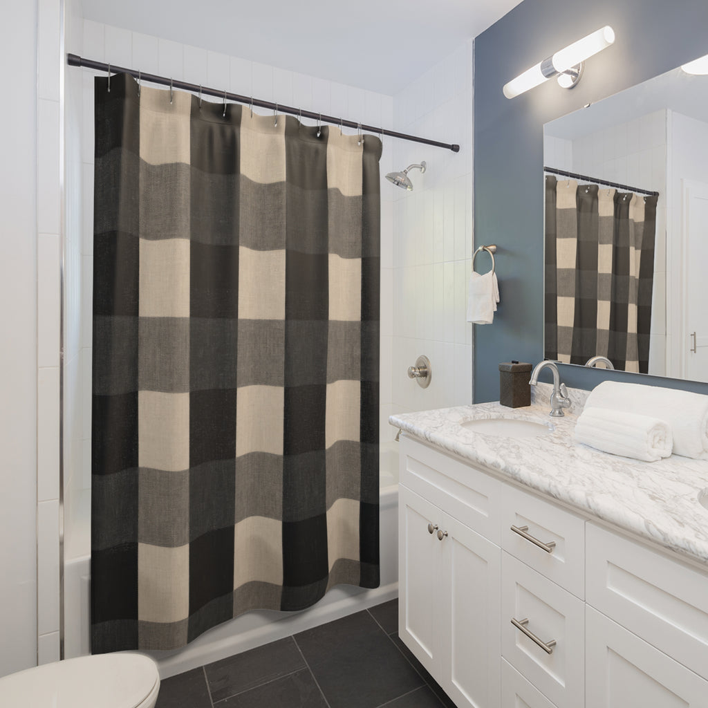 Buffalo Check Shower Curtain, Black Grey Cream Plaid Pattern, Farmhouse Bathroom Decor, Neutral Guest Bath Country Style