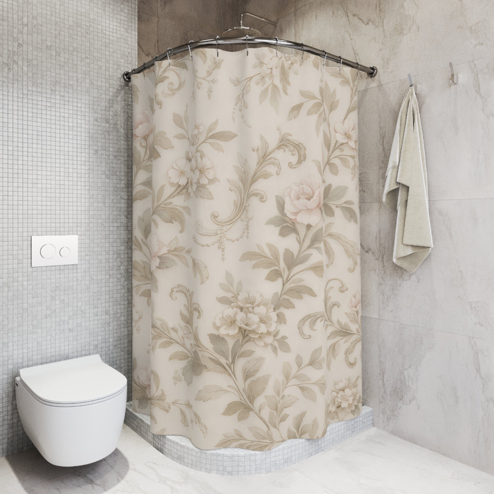 Elegant Floral Scroll Shower Curtain – Blush Sage