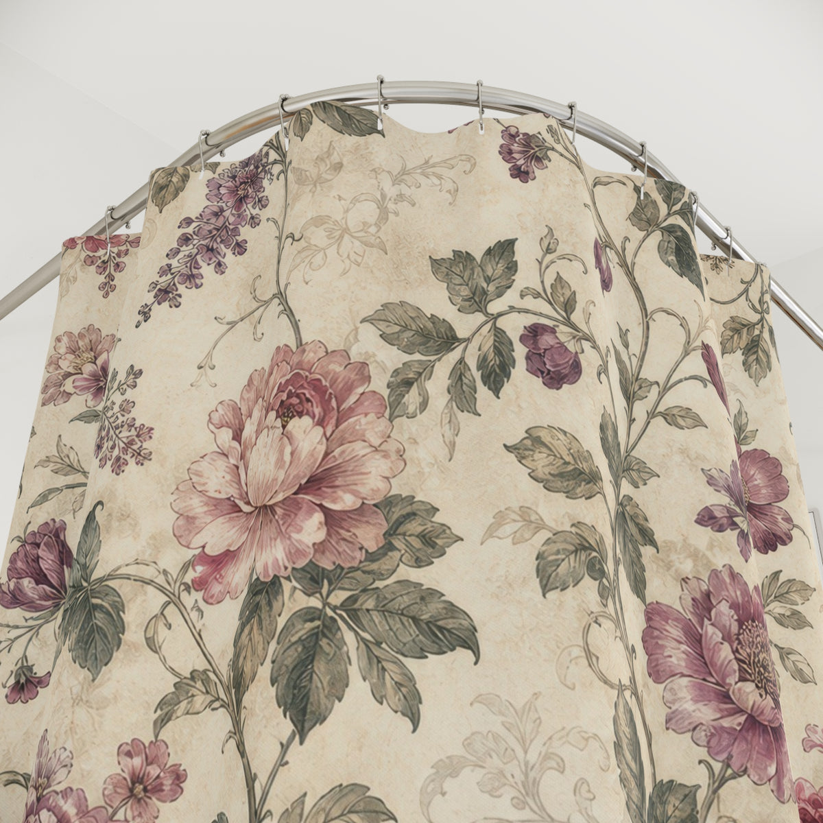 Pink Vintage Floral rose pattern shower curtain with close-up print, hooks, and folds