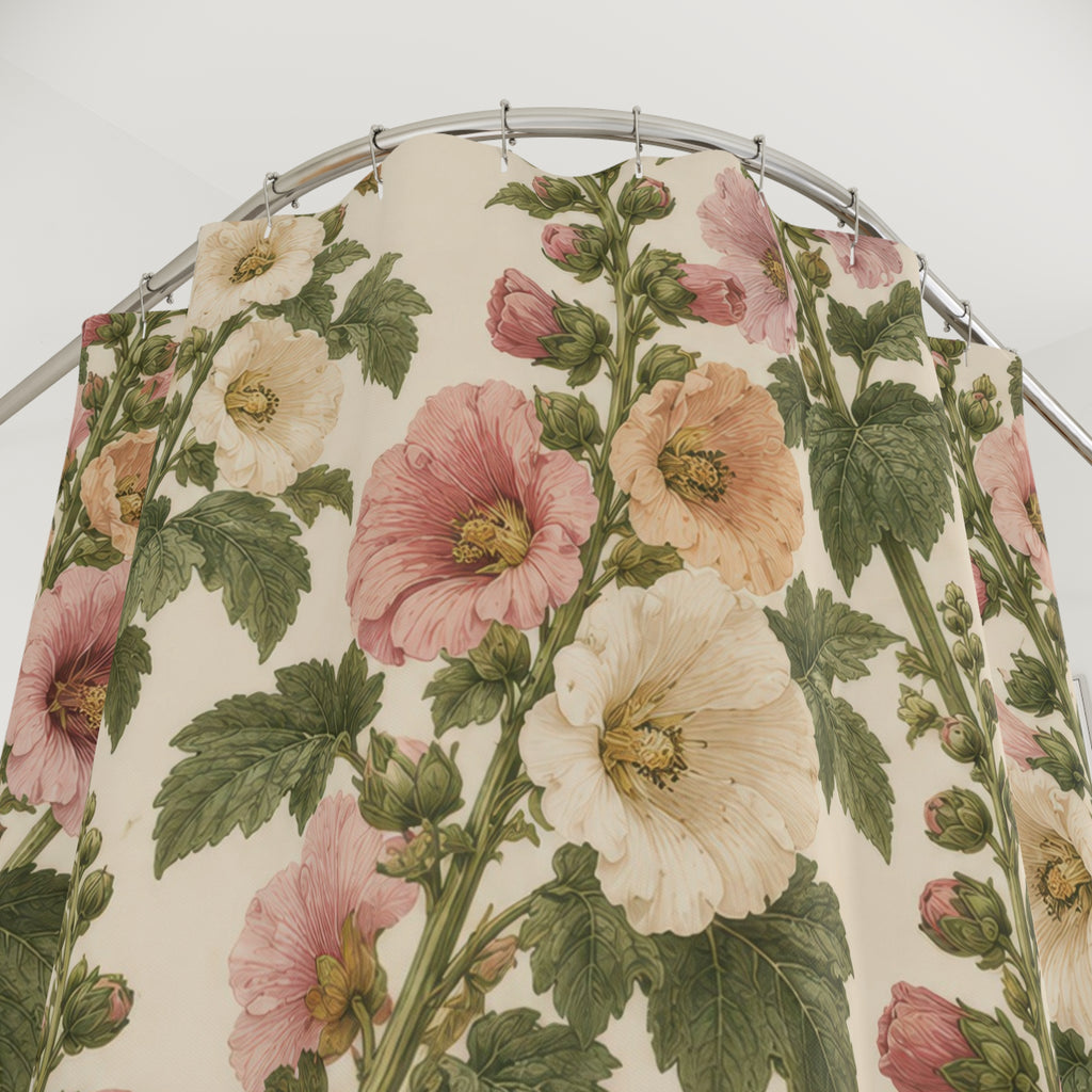 Pink and cream hollyhocks with olive leaves shower curtain with close-up print, hooks, and folds