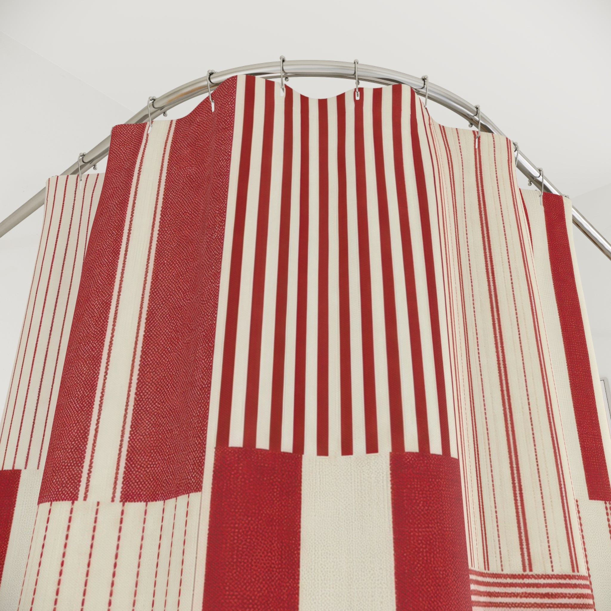 Red and White Patchwork Stripe Shower Curtain