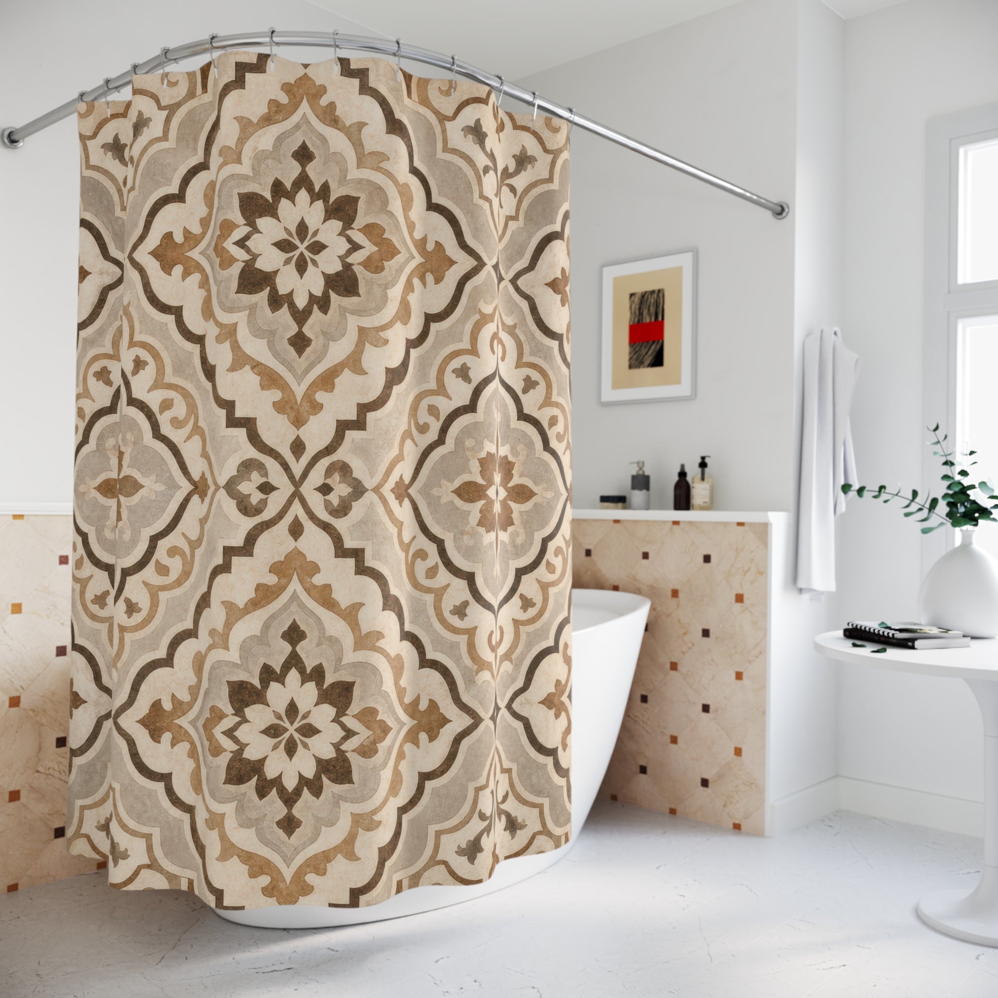 Brown Beige Ornamental Diamond Shower Curtain