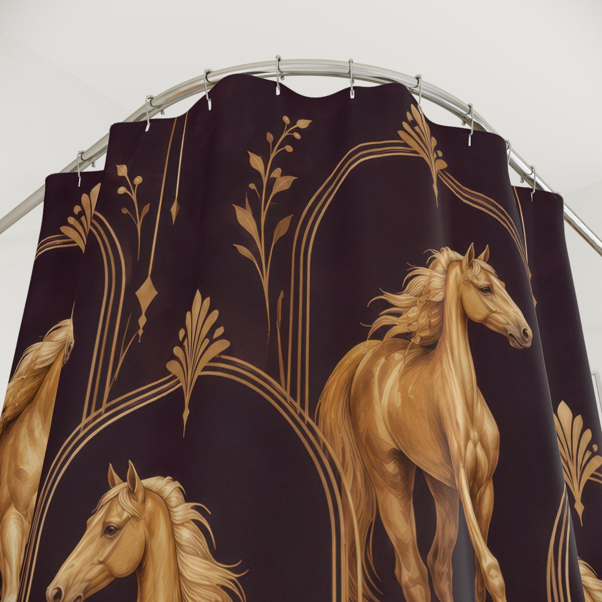 Gold horses within Art Deco arches on deep plum shower curtain with close-up print, hooks, and folds