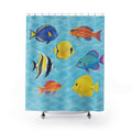 Blue, yellow, orange and turquoise reef fish in aqua water shower curtain with full front view