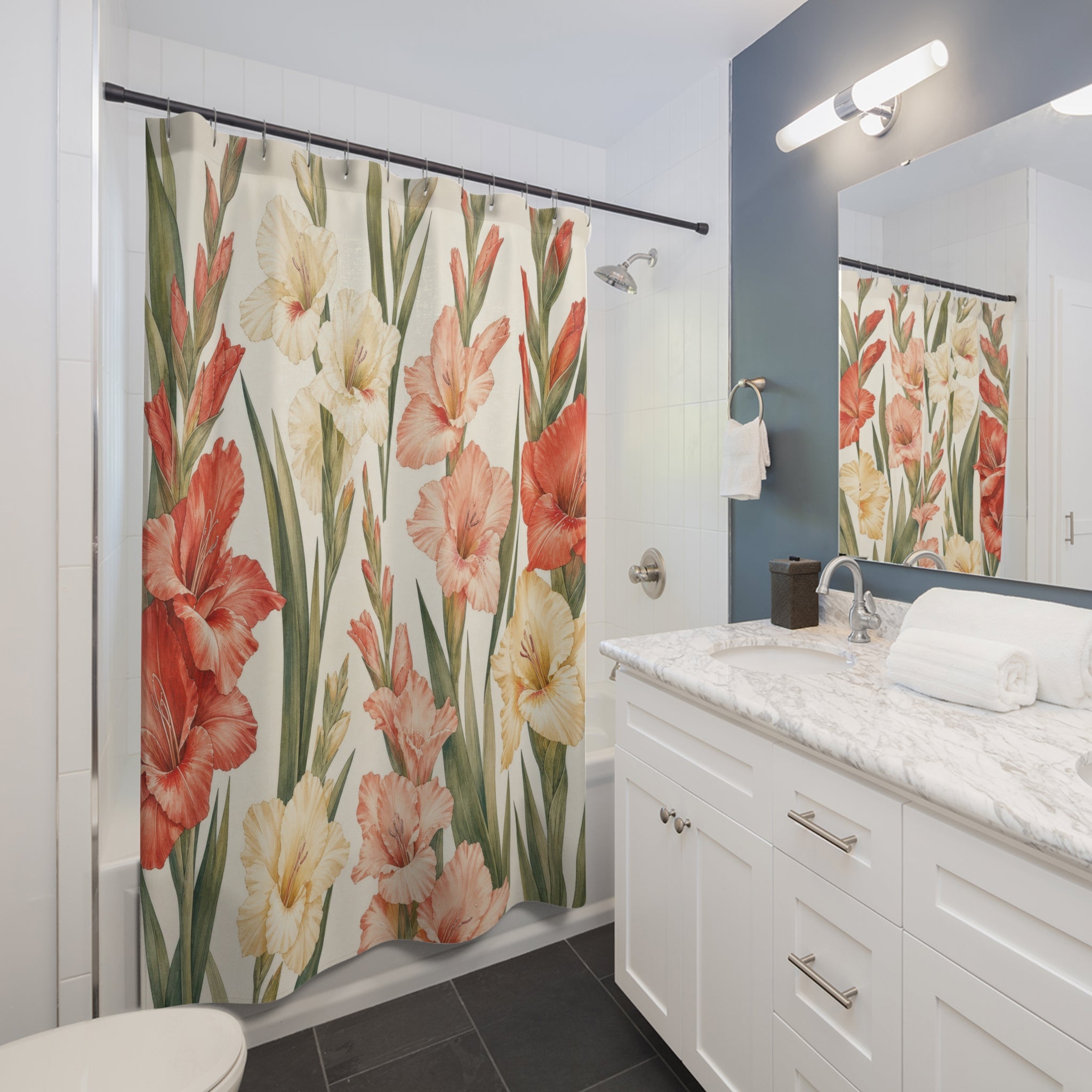 Tall Coral Orange Botanical Floral Shower Curtain